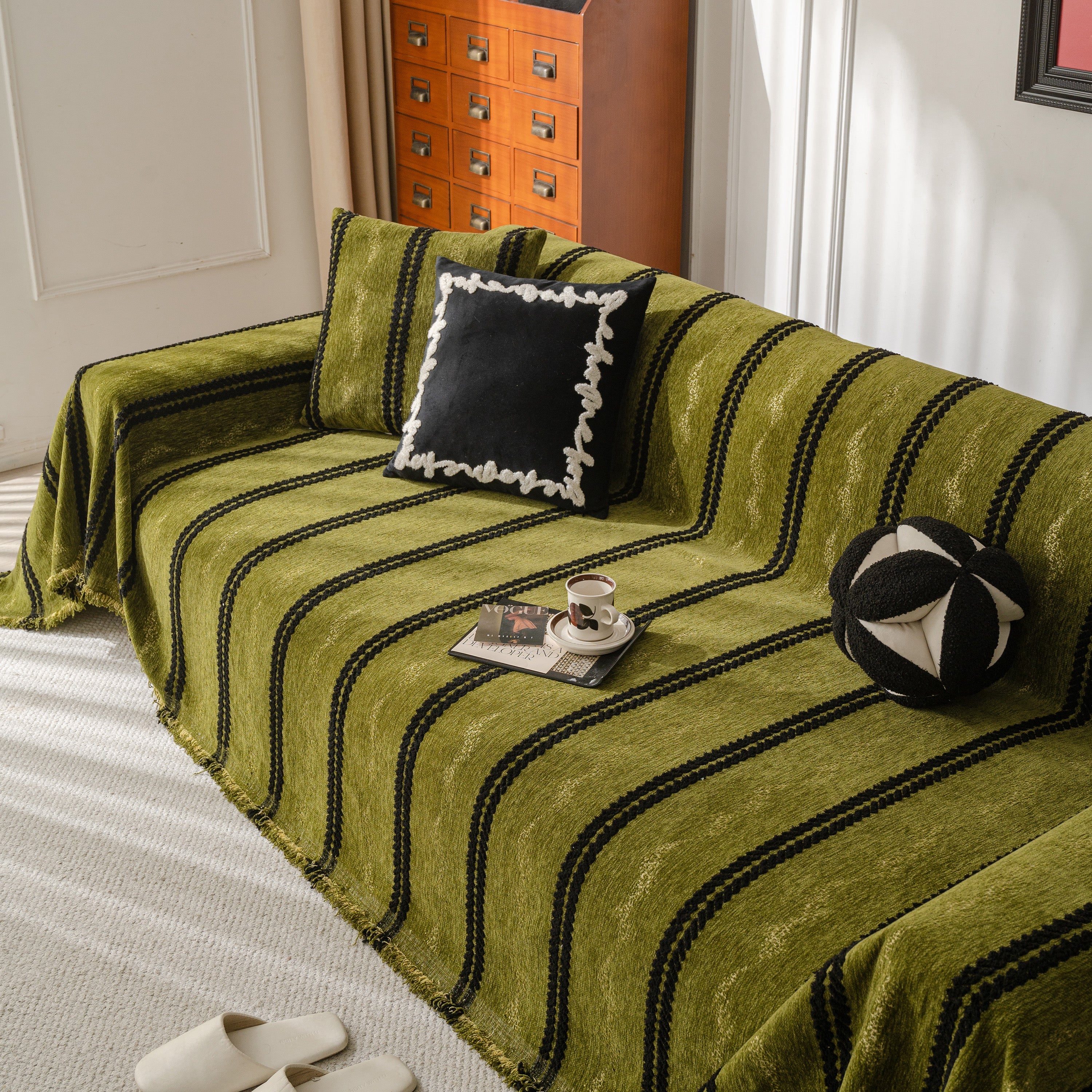 Boho Couch Throw Blanket With Textured Stripes, Sofa Cover For Living Room Decor