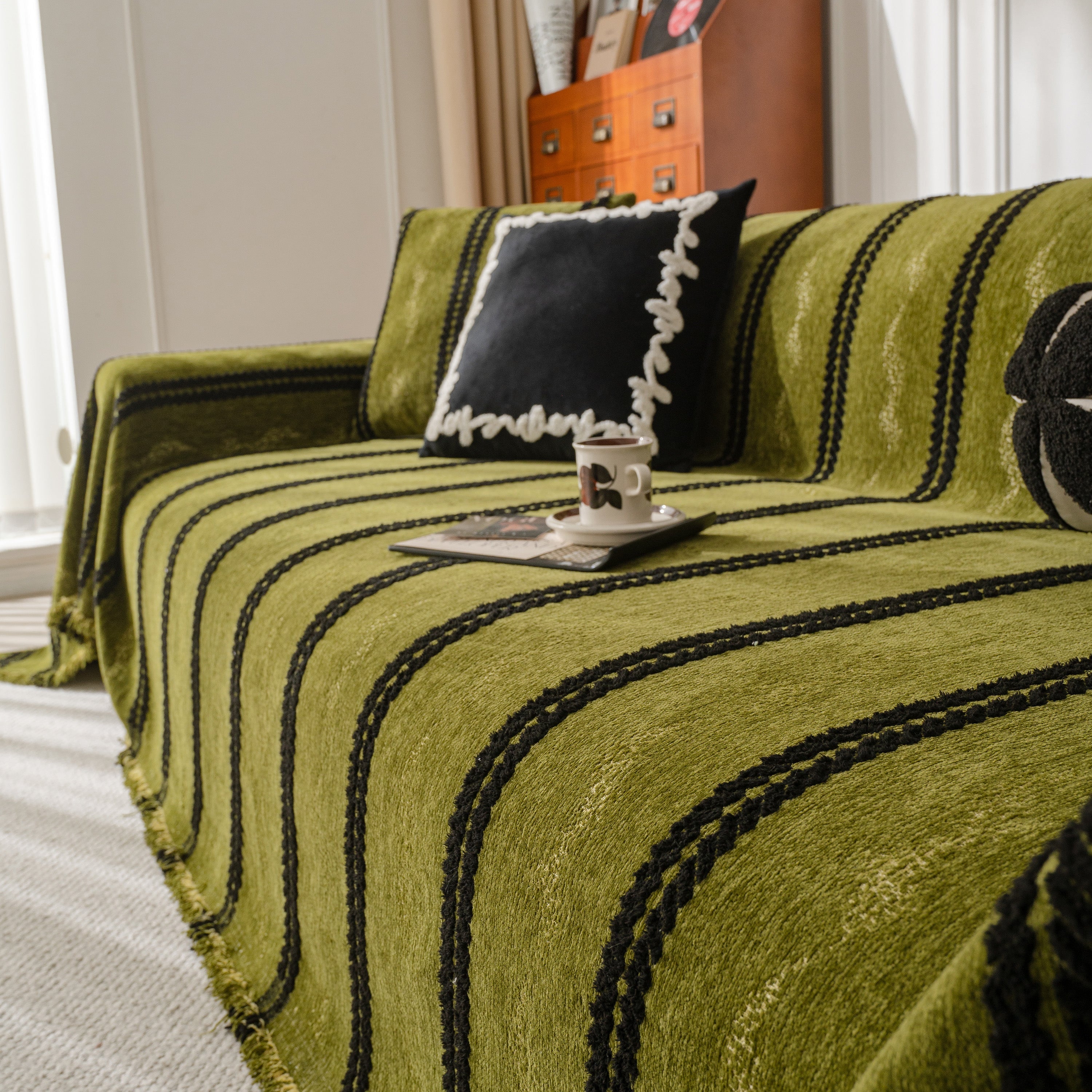 Boho Couch Throw Blanket With Textured Stripes, Sofa Cover For Living Room Decor