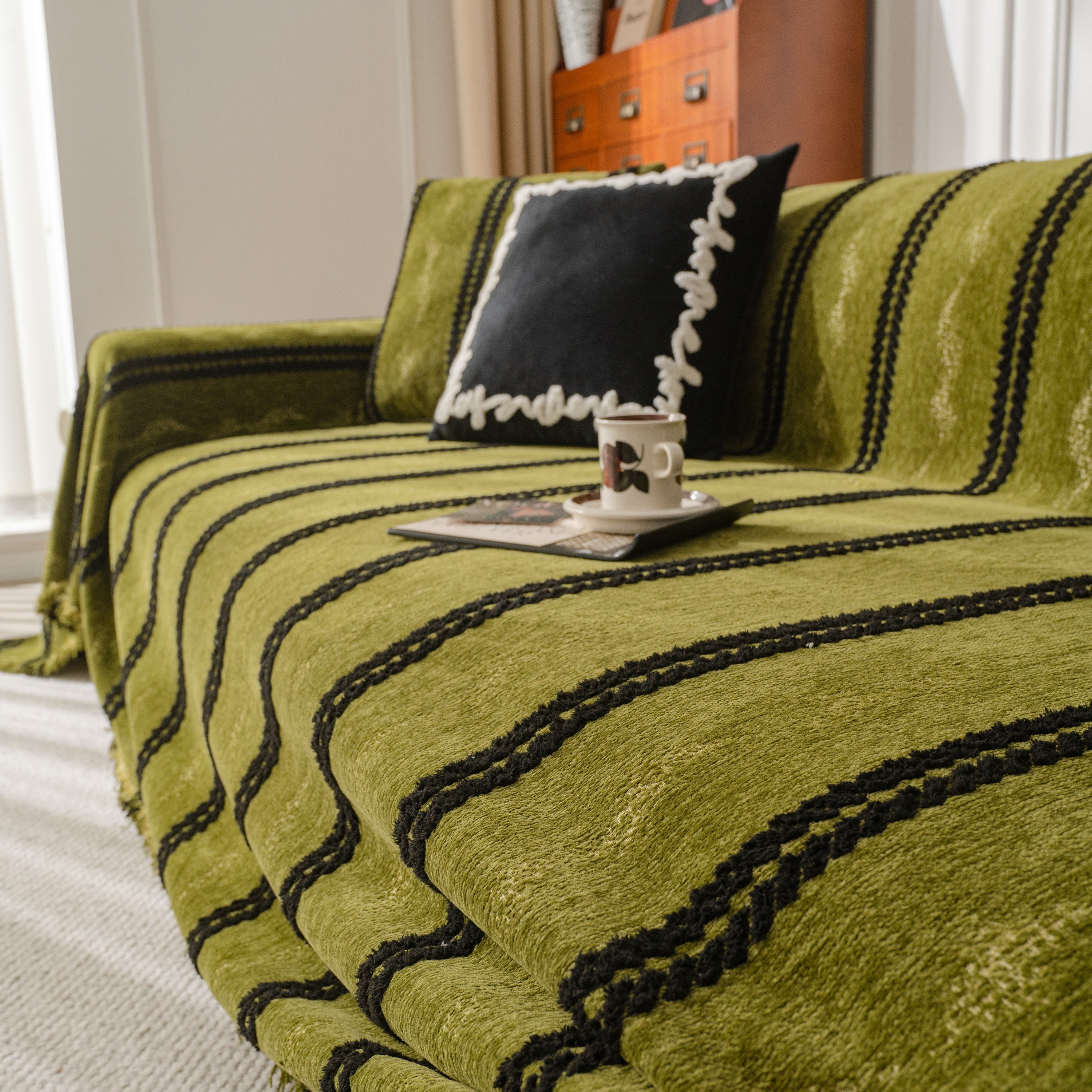 Boho Couch Throw Blanket With Textured Stripes, Sofa Cover For Living Room Decor