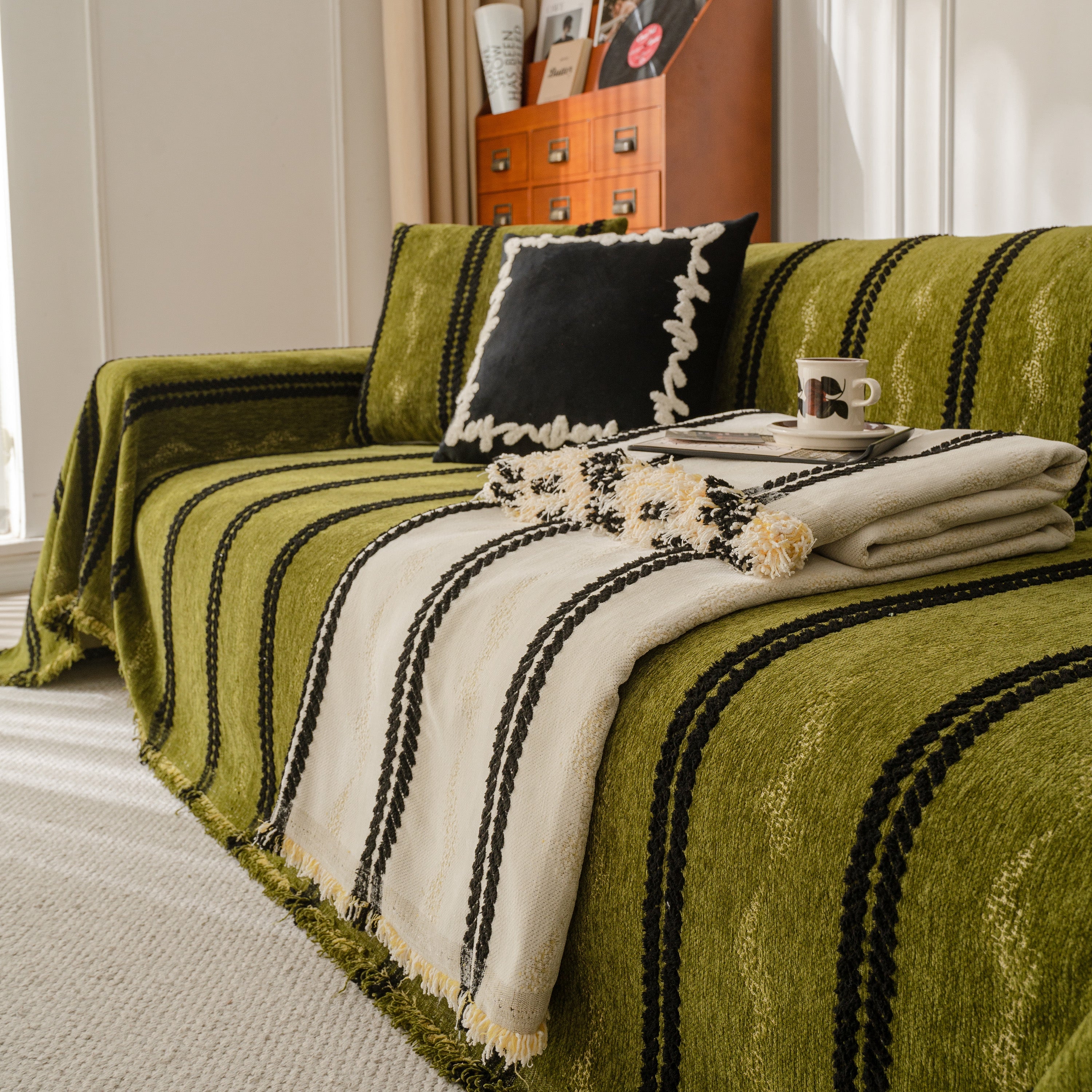 Boho Couch Throw Blanket With Textured Stripes, Sofa Cover For Living Room Decor