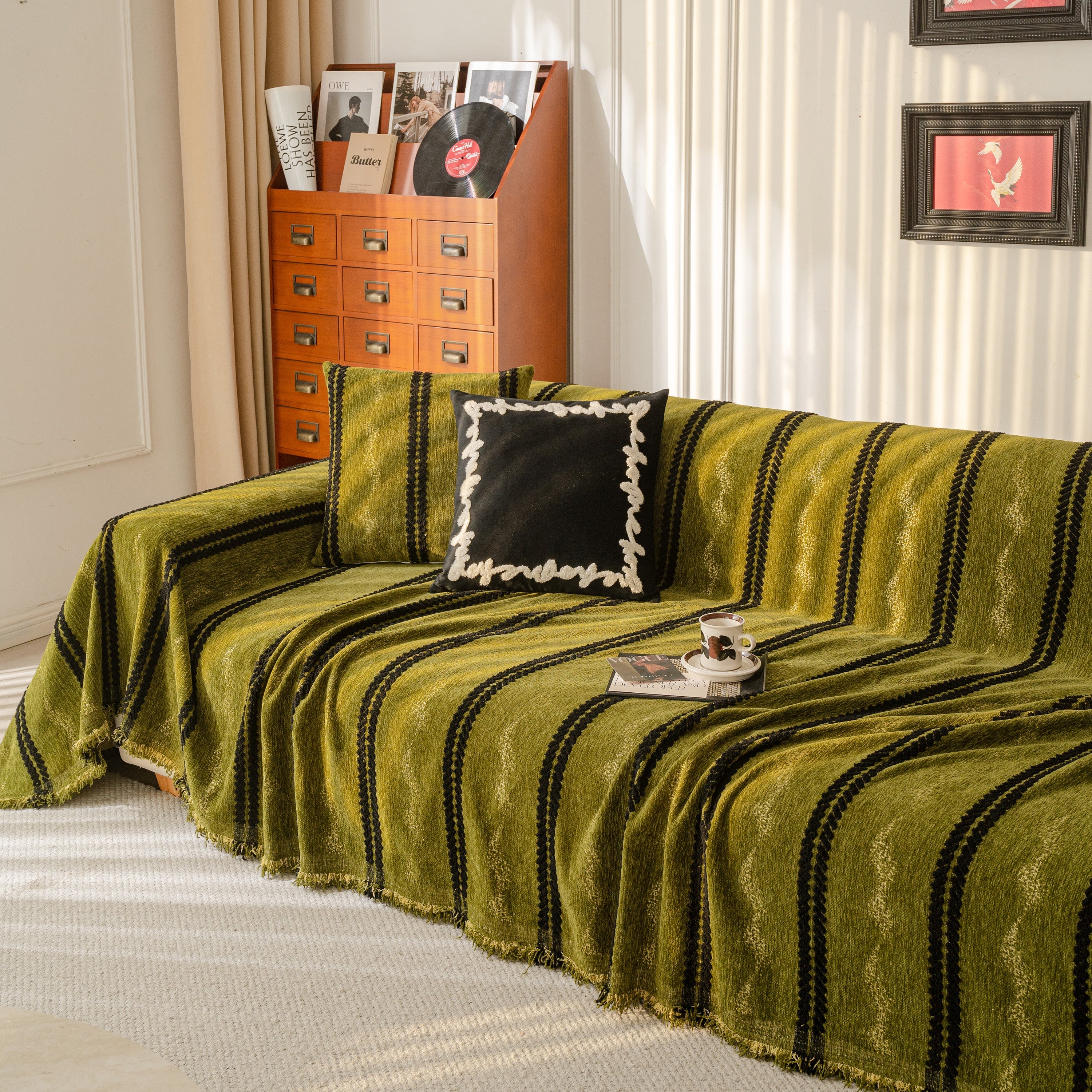 Boho Couch Throw Blanket With Textured Stripes, Sofa Cover For Living Room Decor