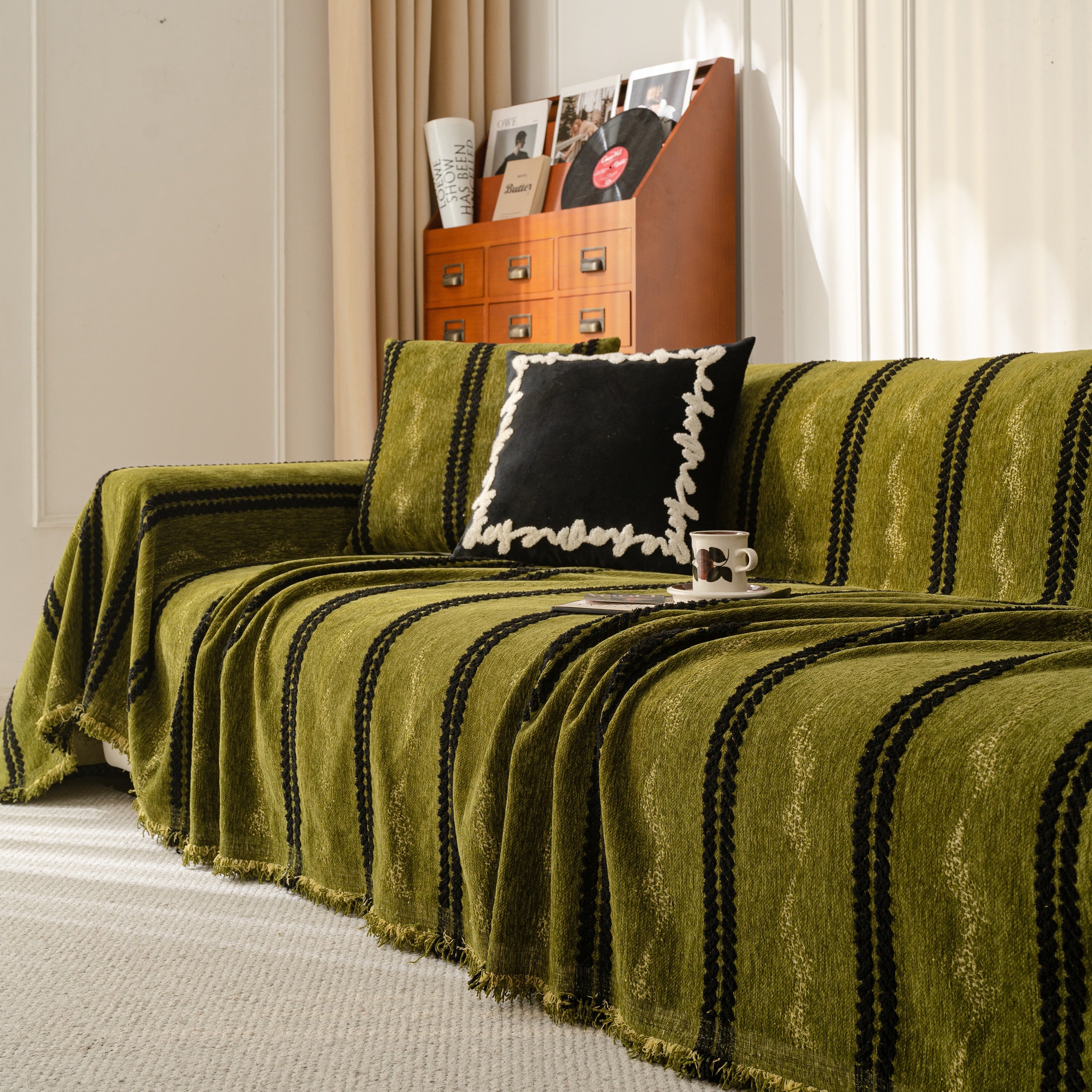 Boho Couch Throw Blanket With Textured Stripes, Sofa Cover For Living Room Decor