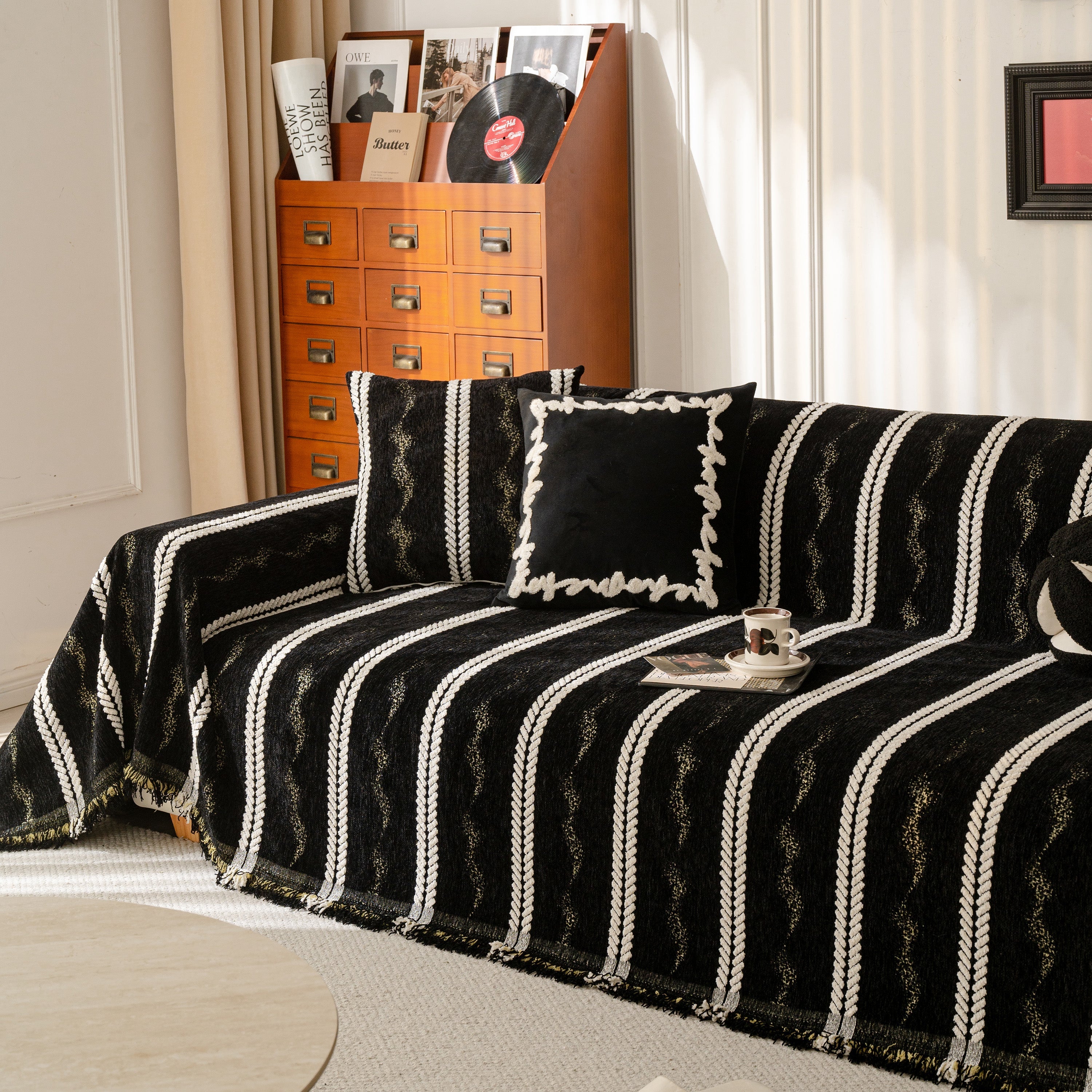 Boho Couch Throw Blanket With Textured Stripes, Sofa Cover For Living Room Decor