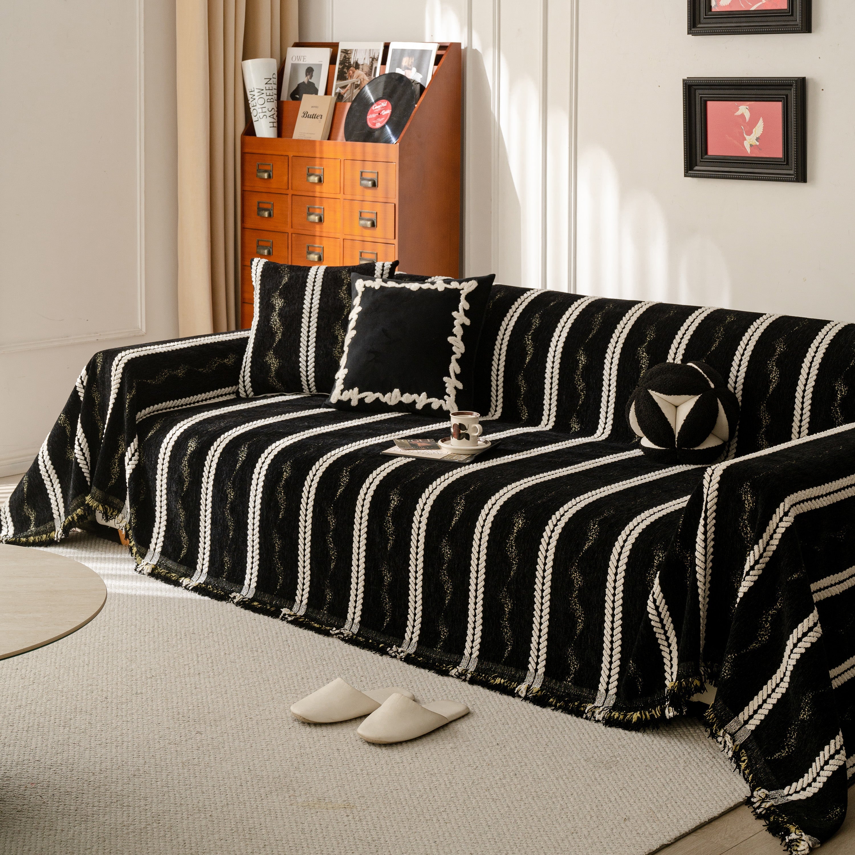 Boho Couch Throw Blanket With Textured Stripes, Sofa Cover For Living Room Decor