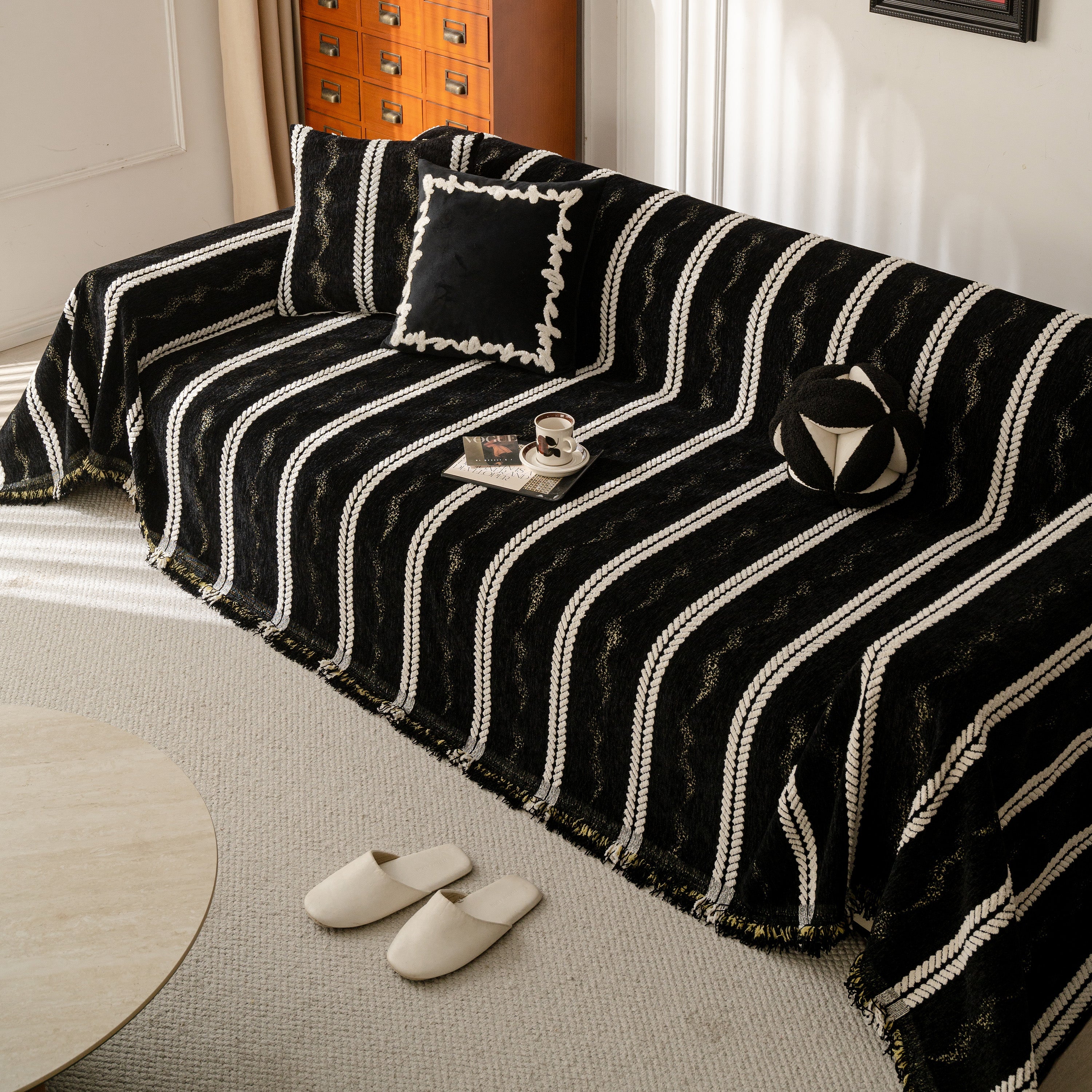Boho Couch Throw Blanket With Textured Stripes, Sofa Cover For Living Room Decor