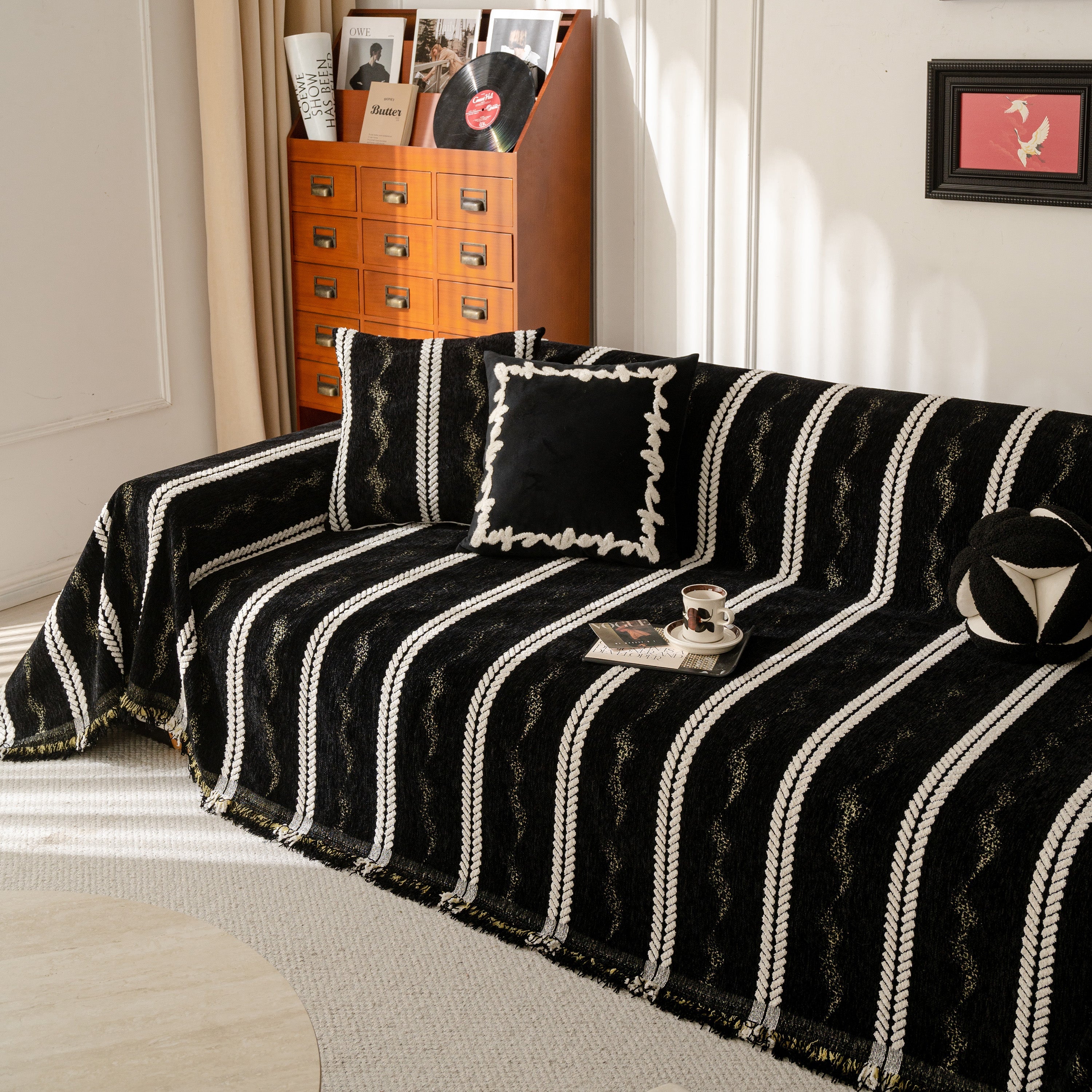 Boho Couch Throw Blanket With Textured Stripes, Sofa Cover For Living Room Decor