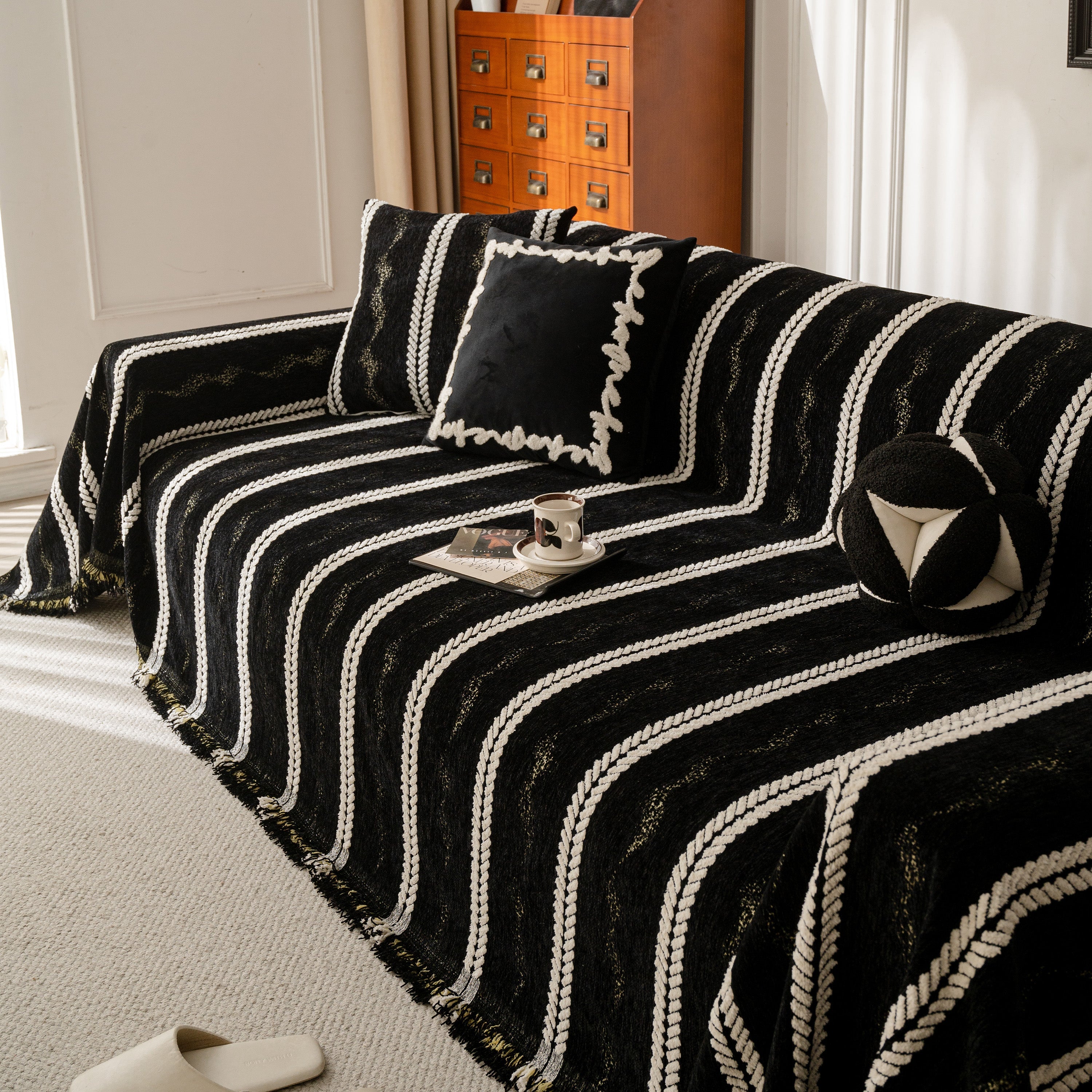 Boho Couch Throw Blanket With Textured Stripes, Sofa Cover For Living Room Decor