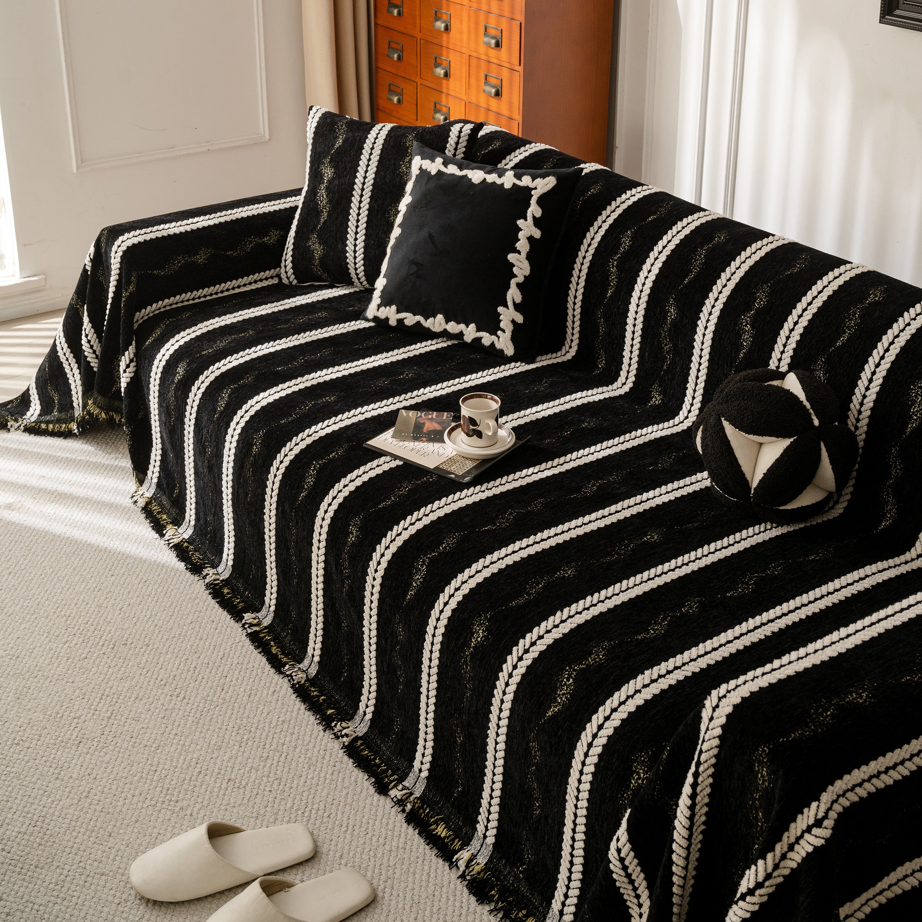 Boho Couch Throw Blanket With Textured Stripes, Sofa Cover For Living Room Decor