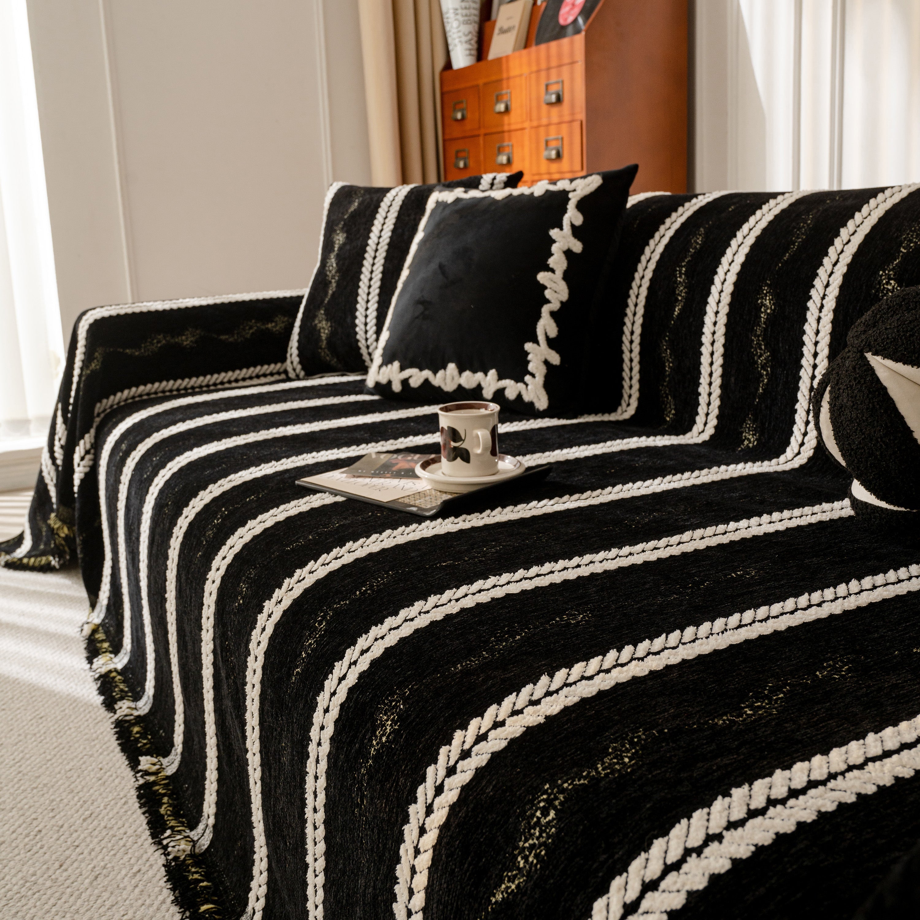 Boho Couch Throw Blanket With Textured Stripes, Sofa Cover For Living Room Decor