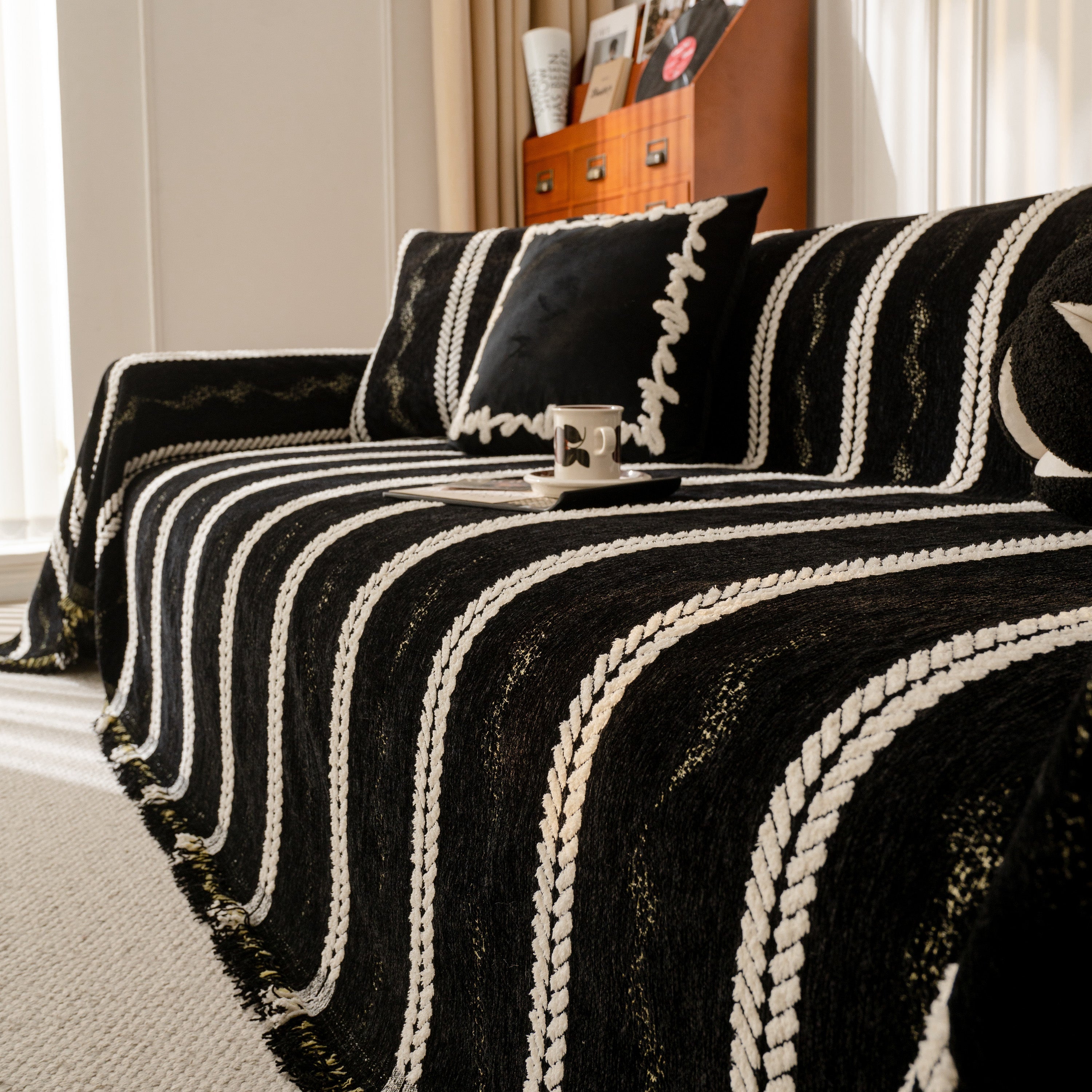 Boho Couch Throw Blanket With Textured Stripes, Sofa Cover For Living Room Decor