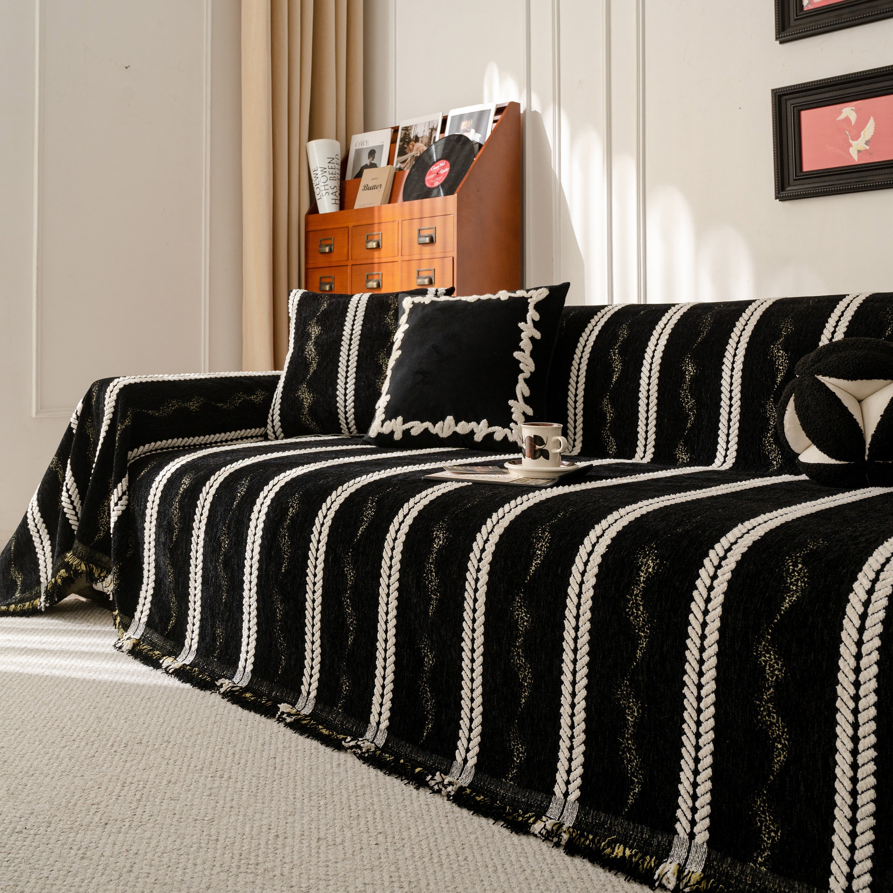 Boho Couch Throw Blanket With Textured Stripes, Sofa Cover For Living Room Decor
