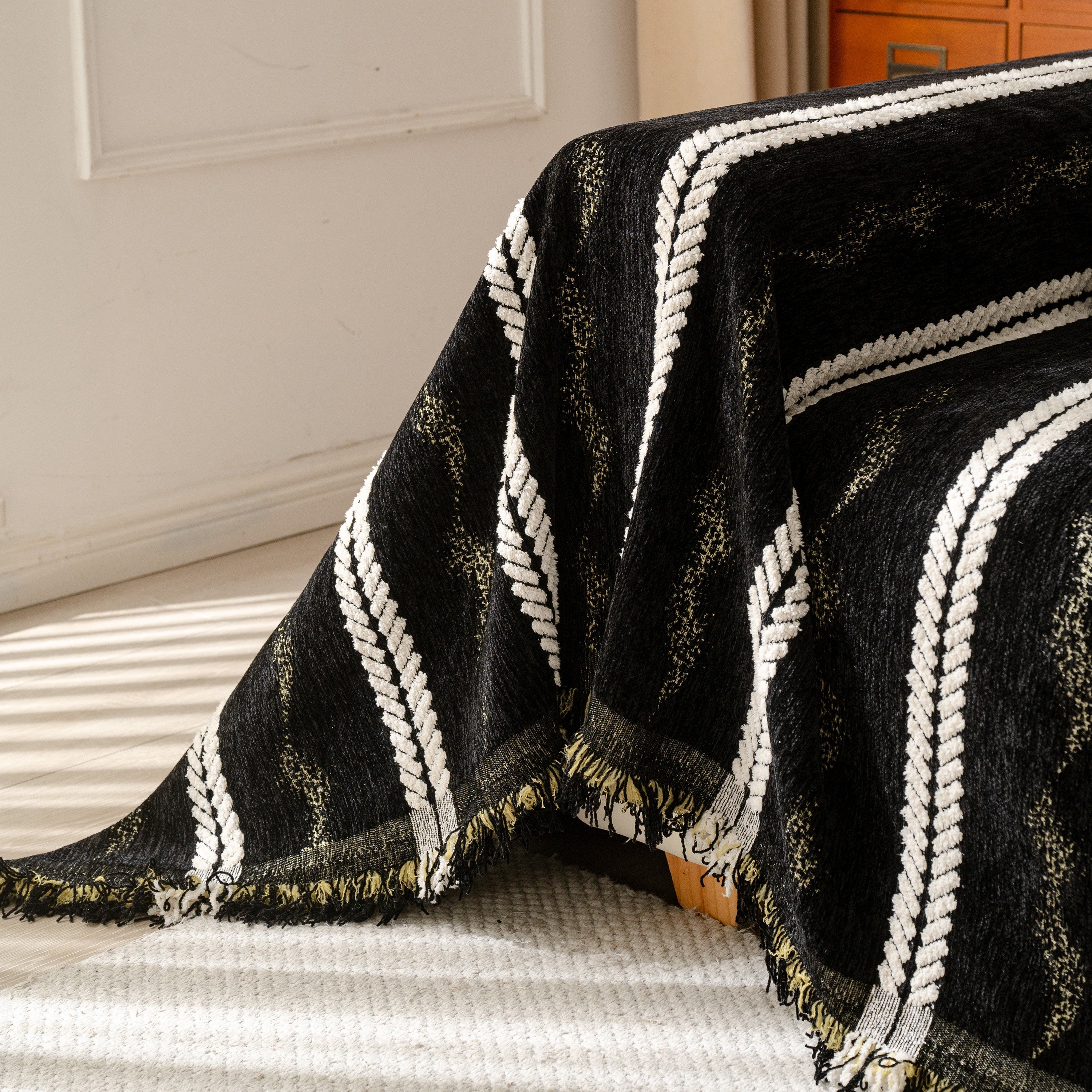 Boho Couch Throw Blanket With Textured Stripes, Sofa Cover For Living Room Decor