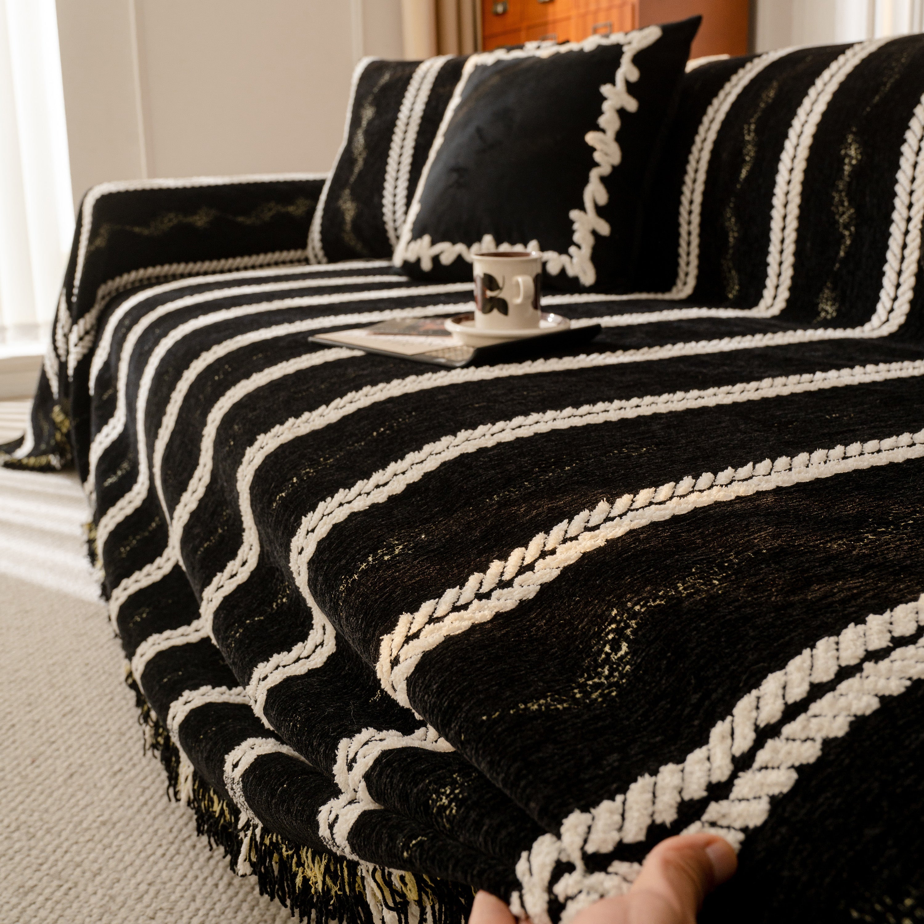 Boho Couch Throw Blanket With Textured Stripes, Sofa Cover For Living Room Decor