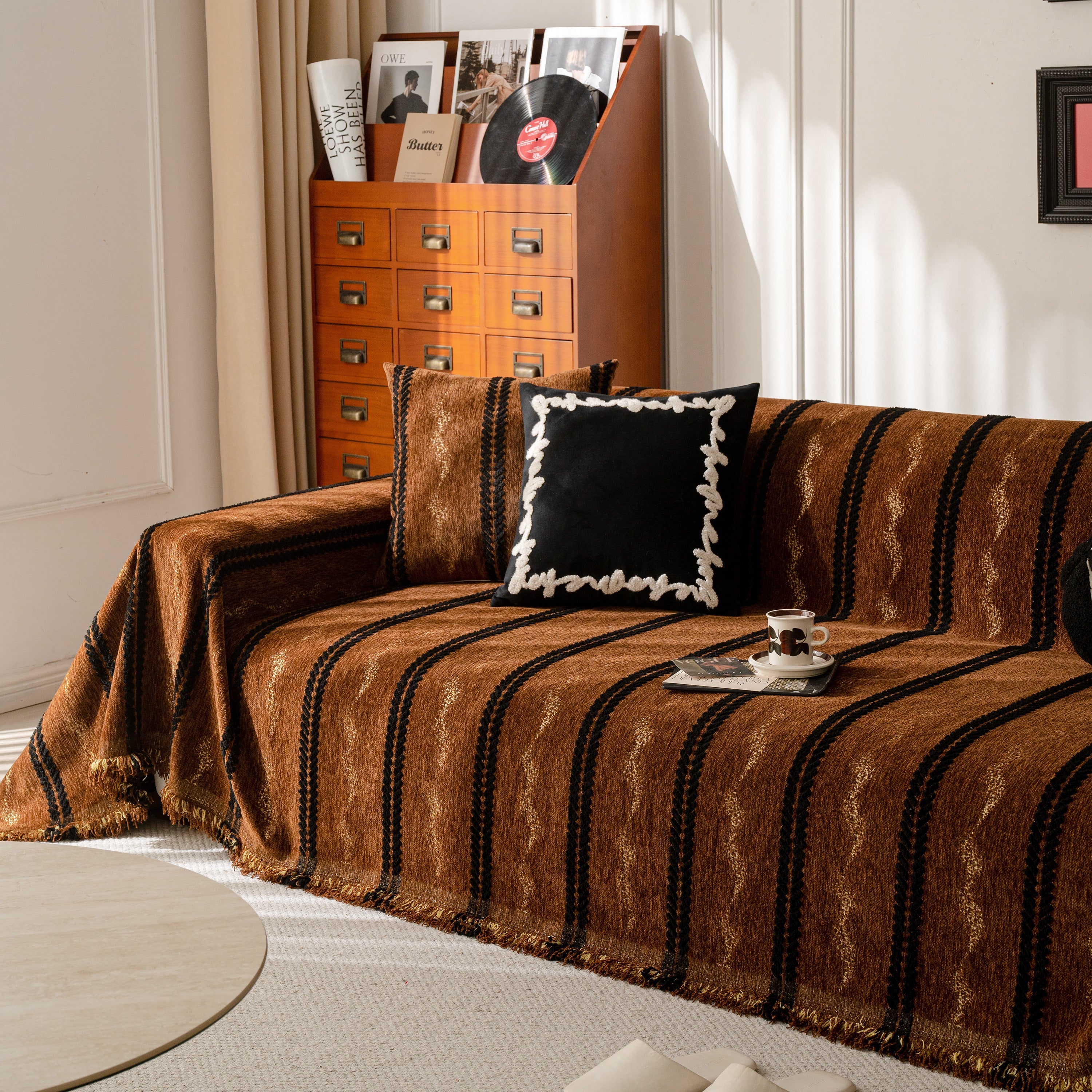 Boho Couch Throw Blanket With Textured Stripes, Sofa Cover For Living Room Decor