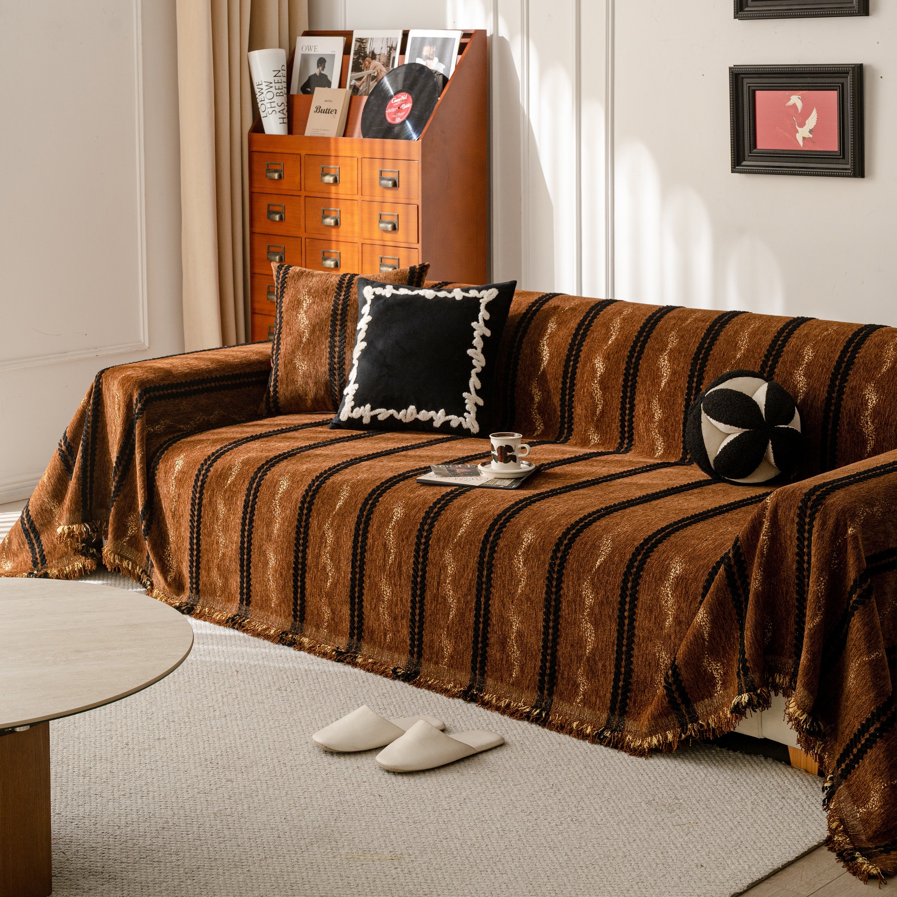 Boho Couch Throw Blanket With Textured Stripes, Sofa Cover For Living Room Decor
