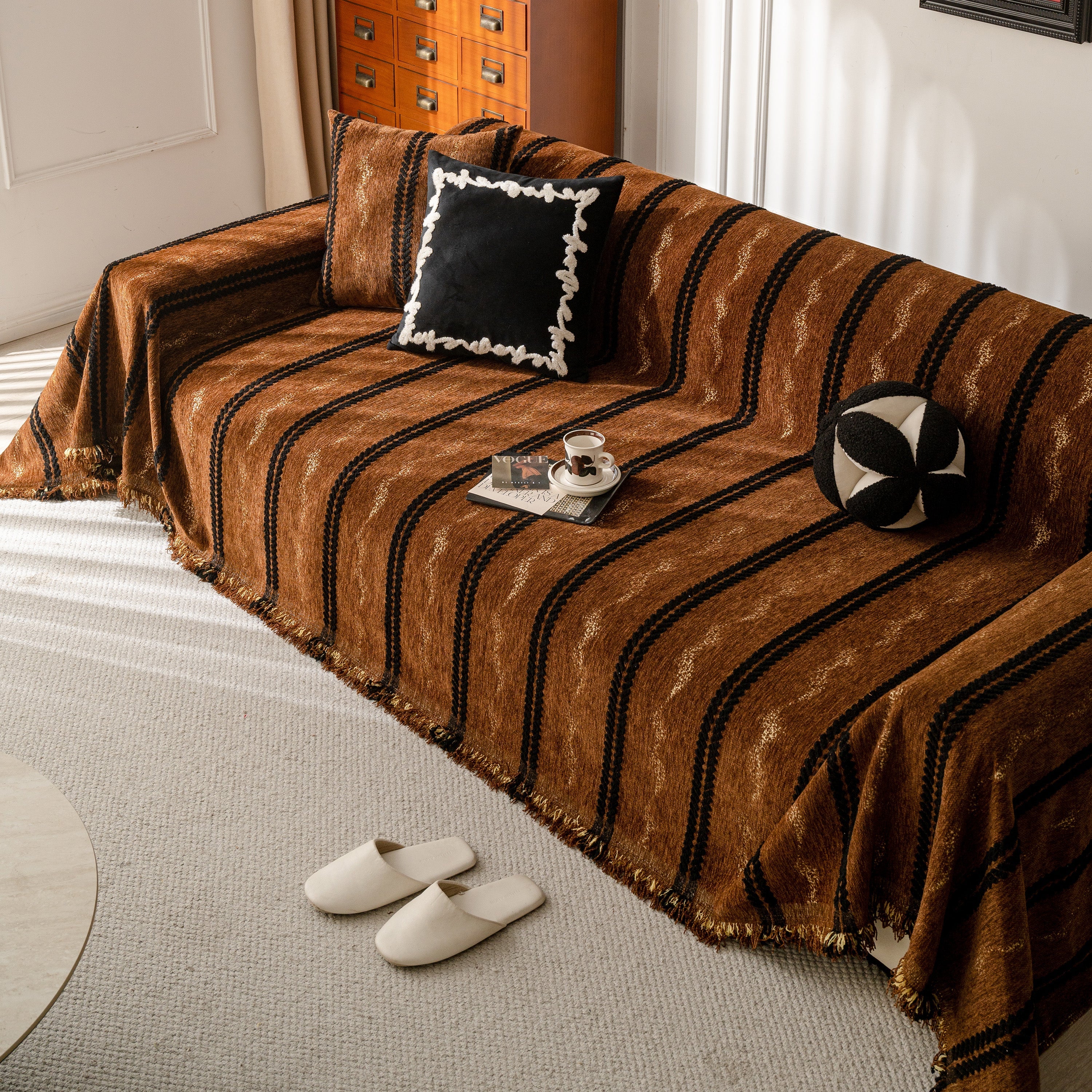 Boho Couch Throw Blanket With Textured Stripes, Sofa Cover For Living Room Decor