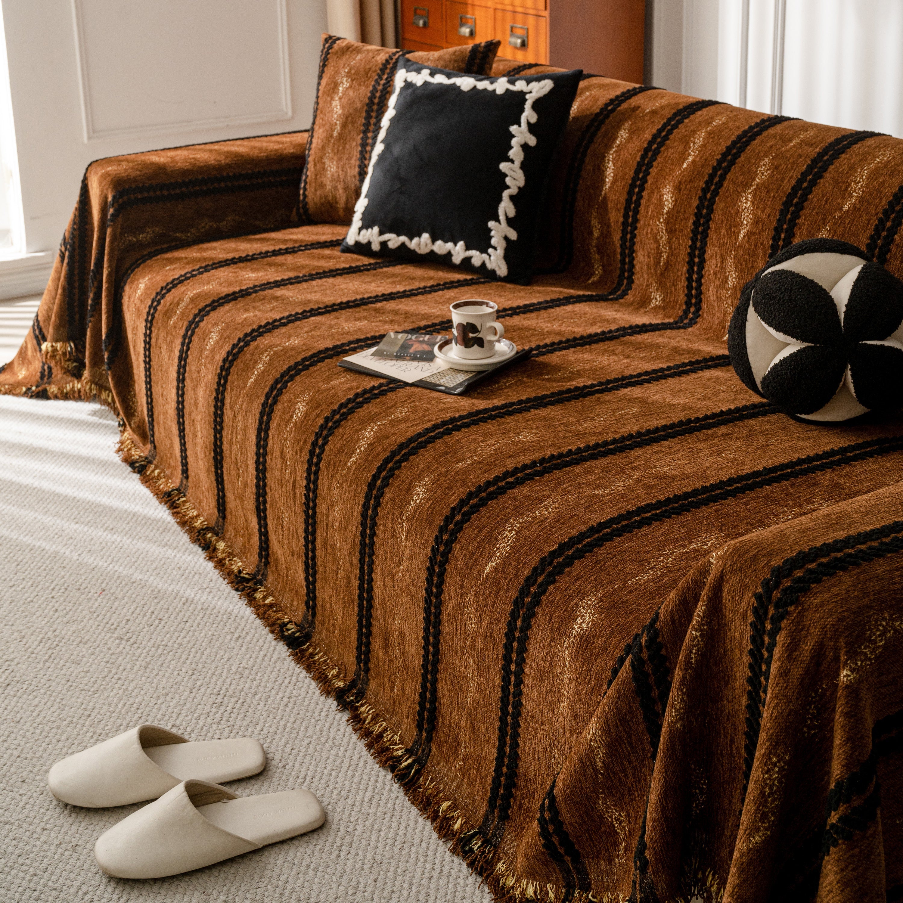 Boho Couch Throw Blanket With Textured Stripes, Sofa Cover For Living Room Decor