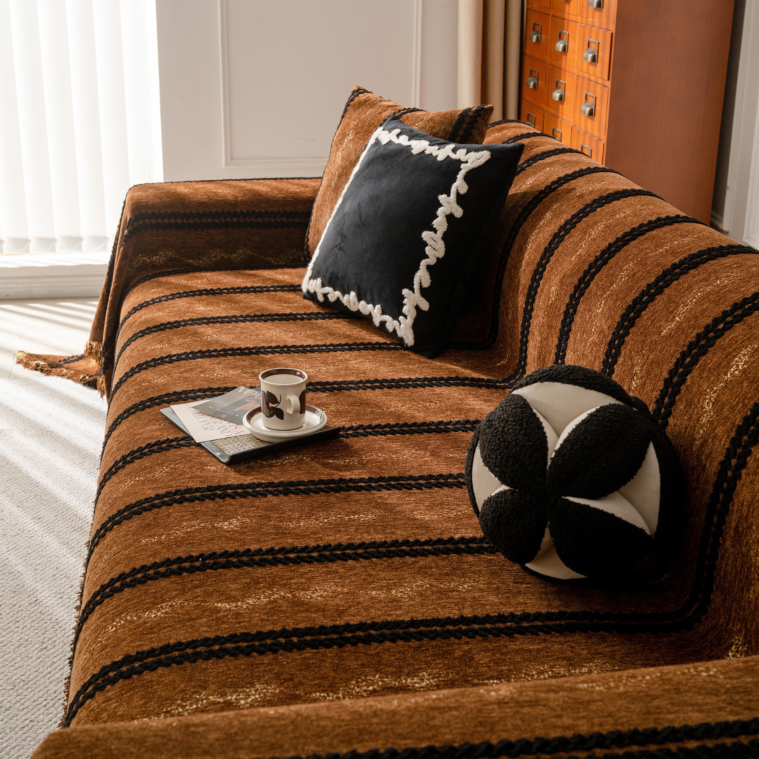 Boho Couch Throw Blanket With Textured Stripes, Sofa Cover For Living Room Decor