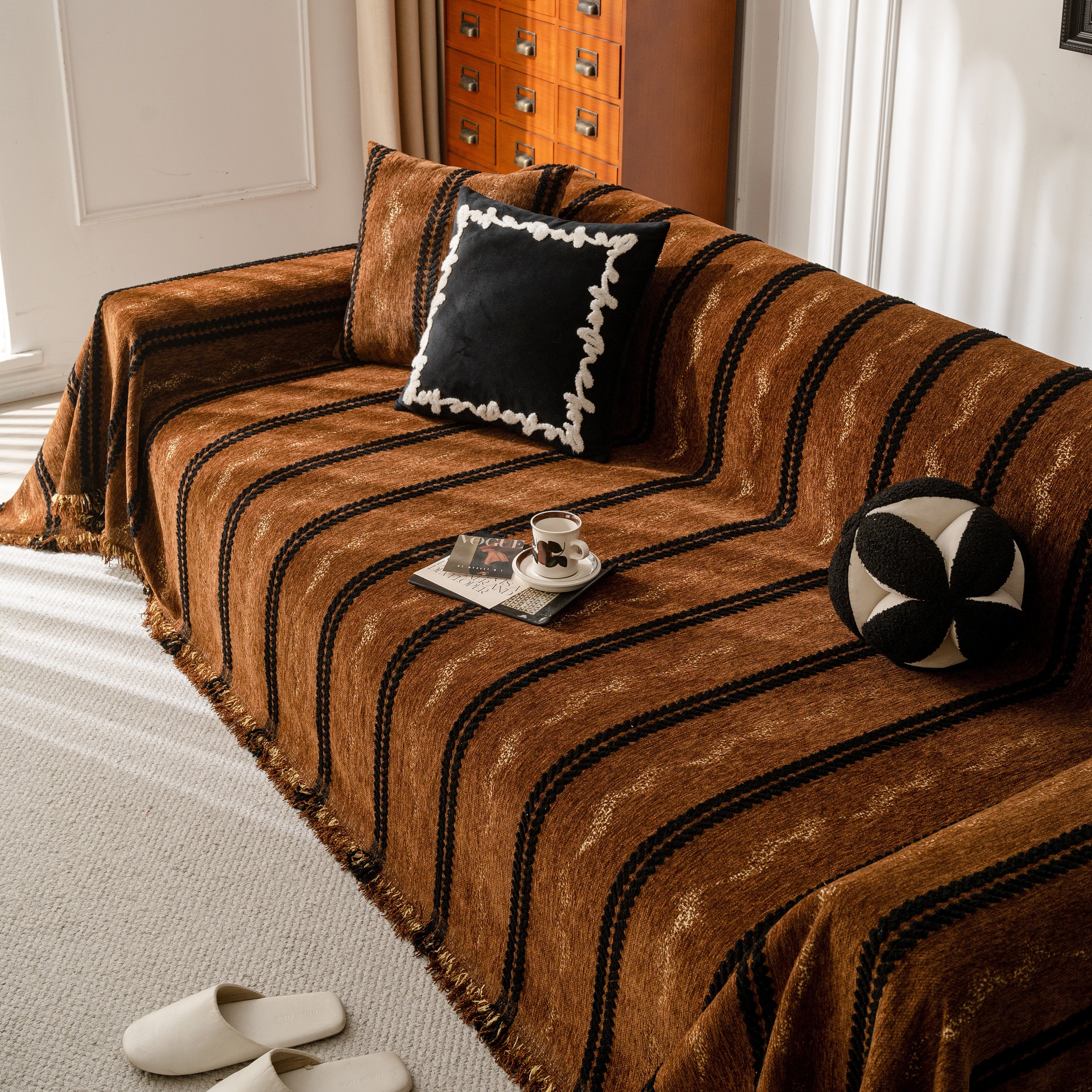 Boho Couch Throw Blanket With Textured Stripes, Sofa Cover For Living Room Decor