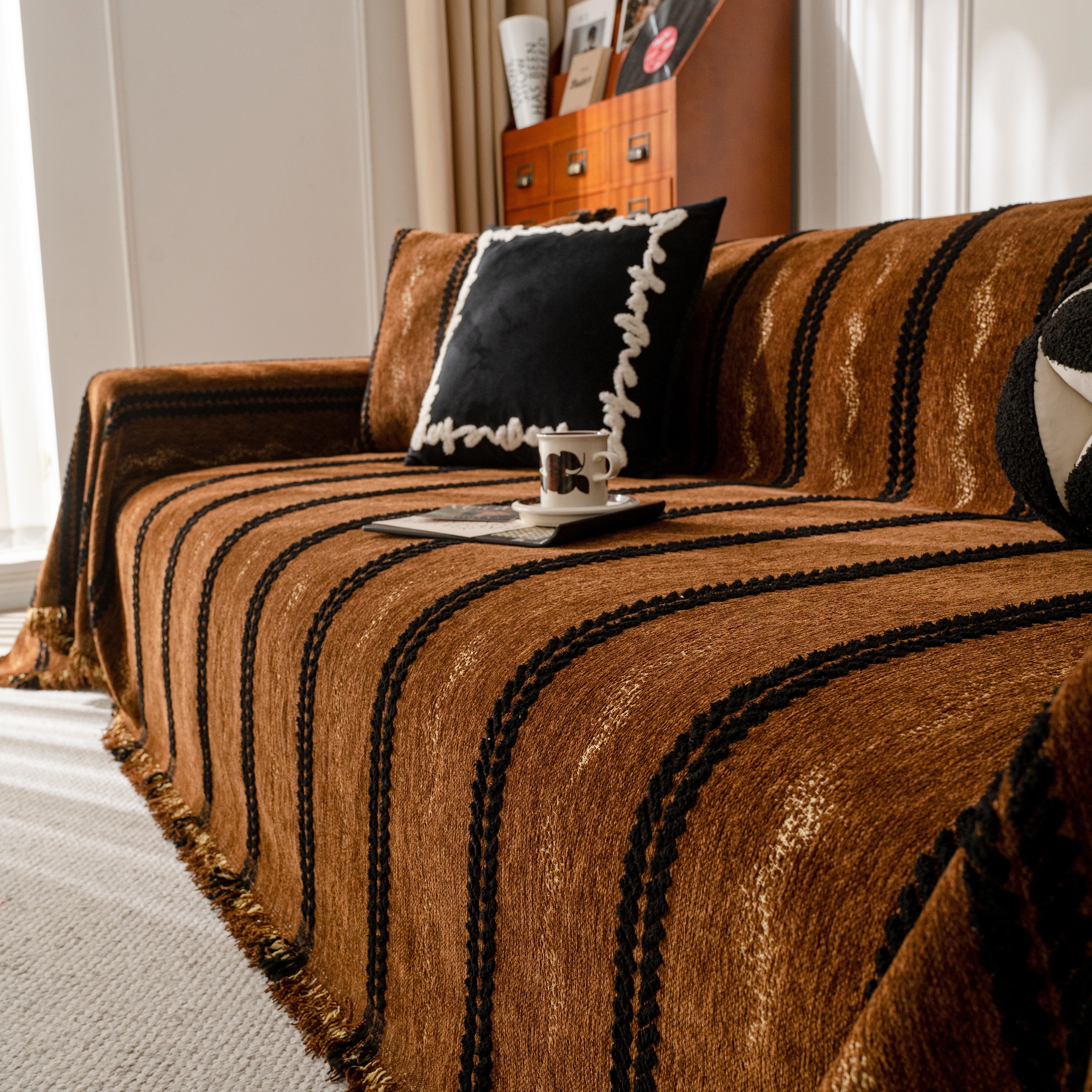 Boho Couch Throw Blanket With Textured Stripes, Sofa Cover For Living Room Decor