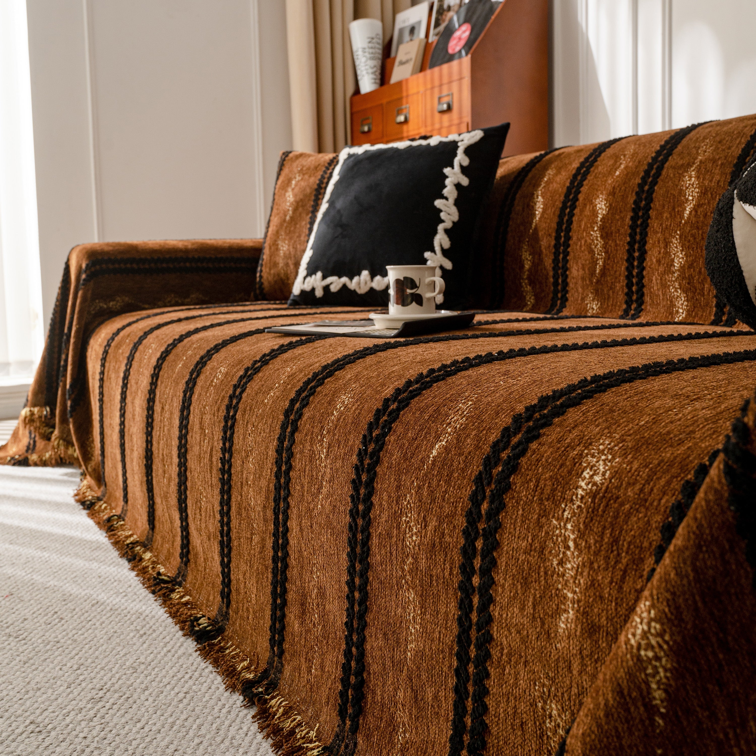 Boho Couch Throw Blanket With Textured Stripes, Sofa Cover For Living Room Decor