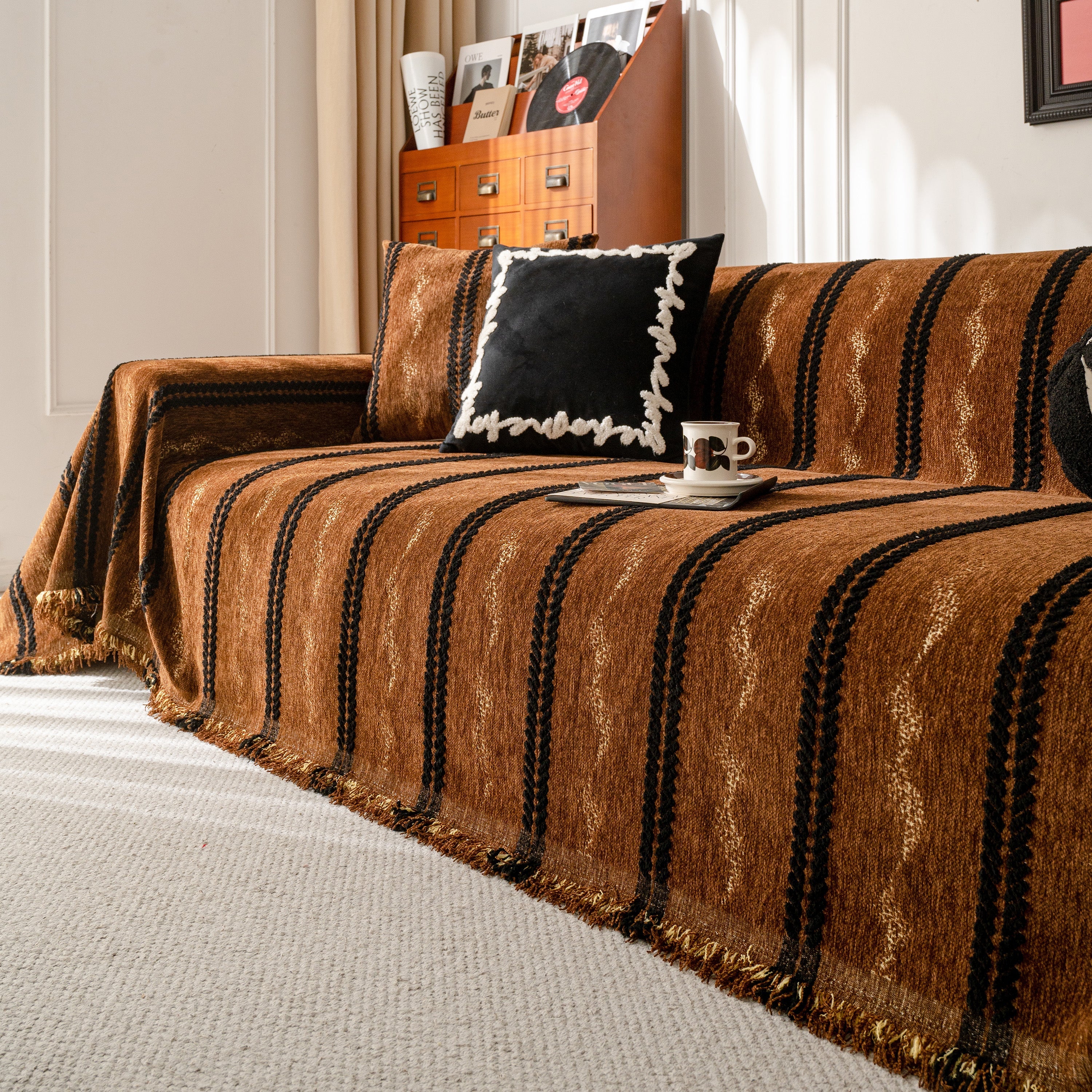 Boho Couch Throw Blanket With Textured Stripes, Sofa Cover For Living Room Decor