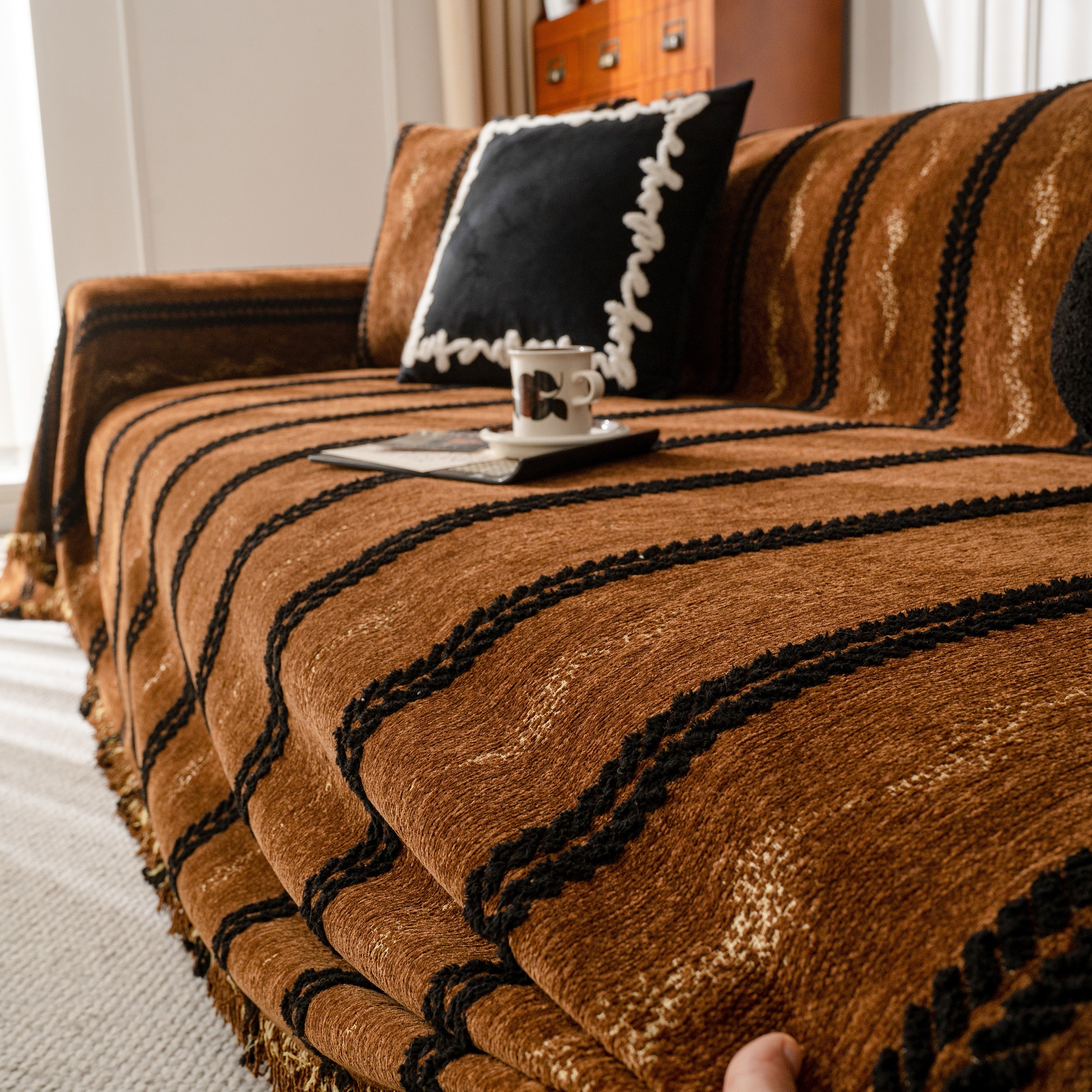 Boho Couch Throw Blanket With Textured Stripes, Sofa Cover For Living Room Decor