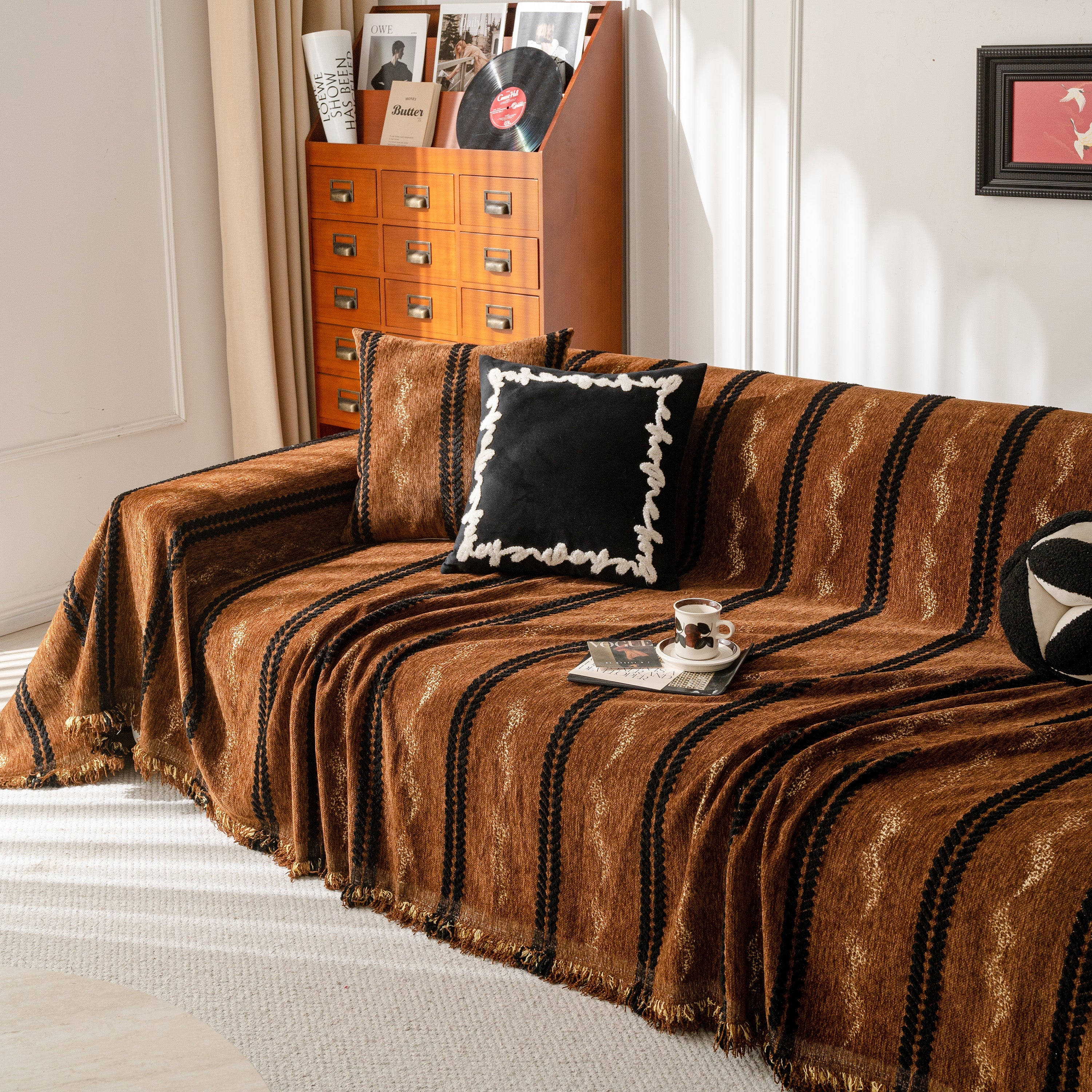 Boho Couch Throw Blanket With Textured Stripes, Sofa Cover For Living Room Decor