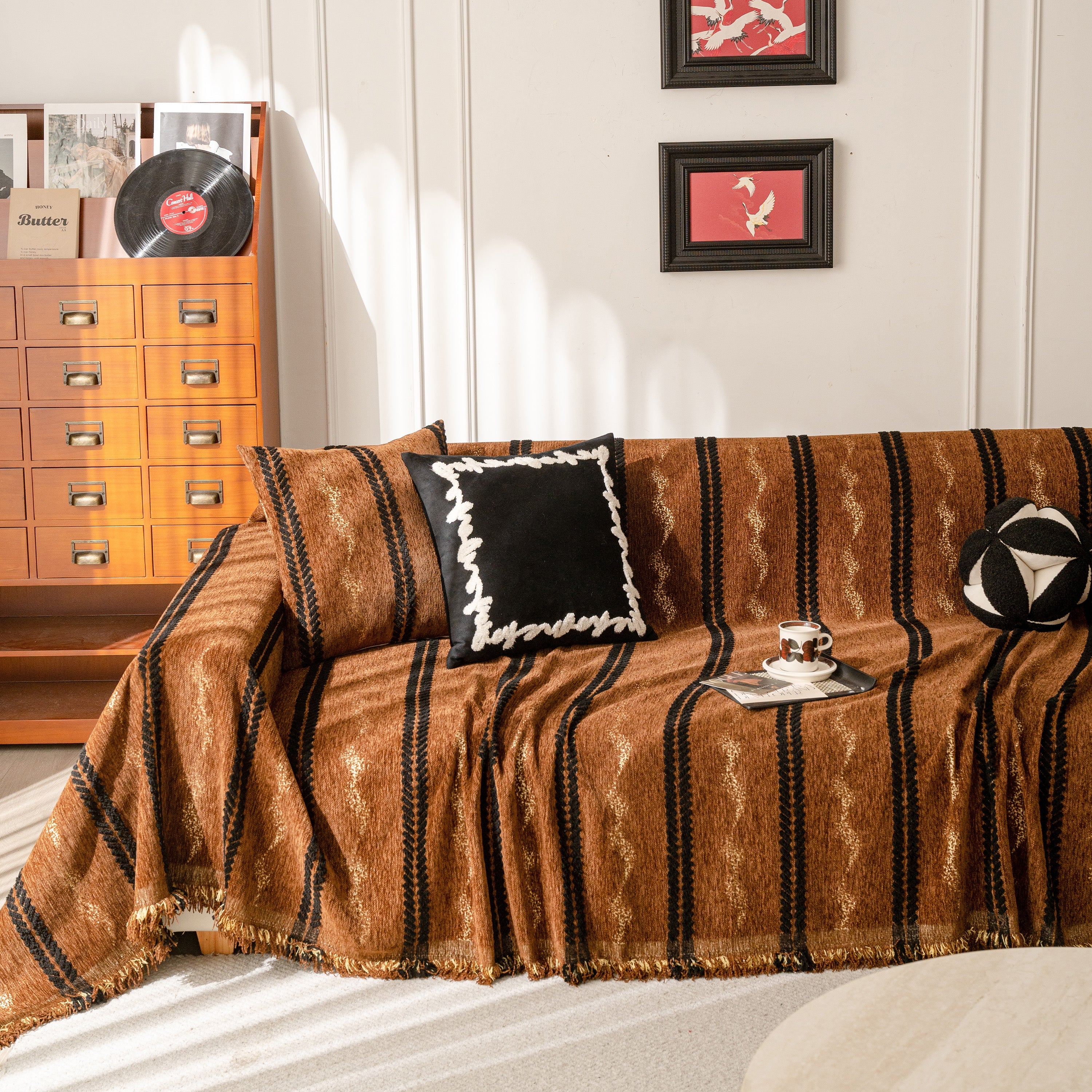 Boho Couch Throw Blanket With Textured Stripes, Sofa Cover For Living Room Decor