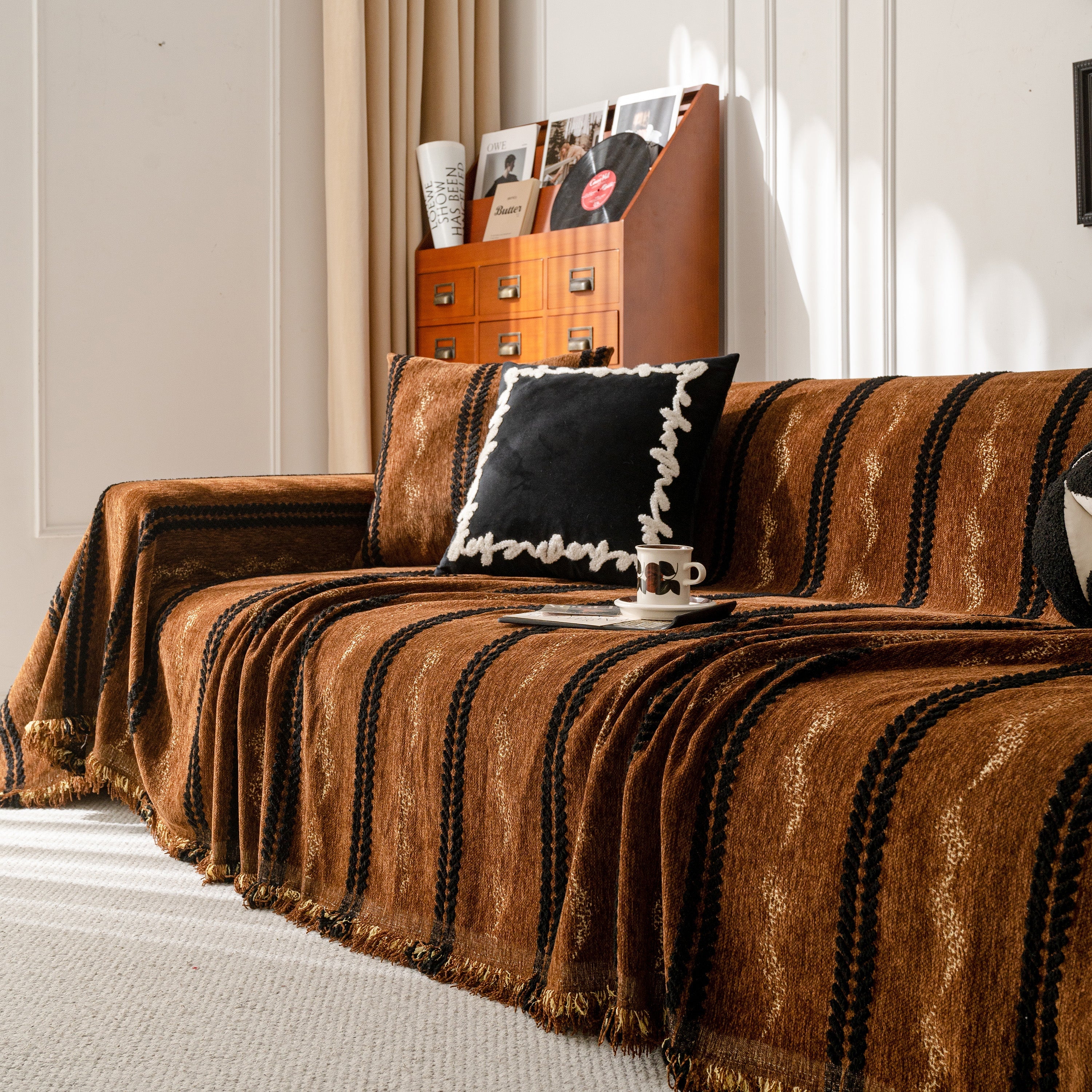 Boho Couch Throw Blanket With Textured Stripes, Sofa Cover For Living Room Decor