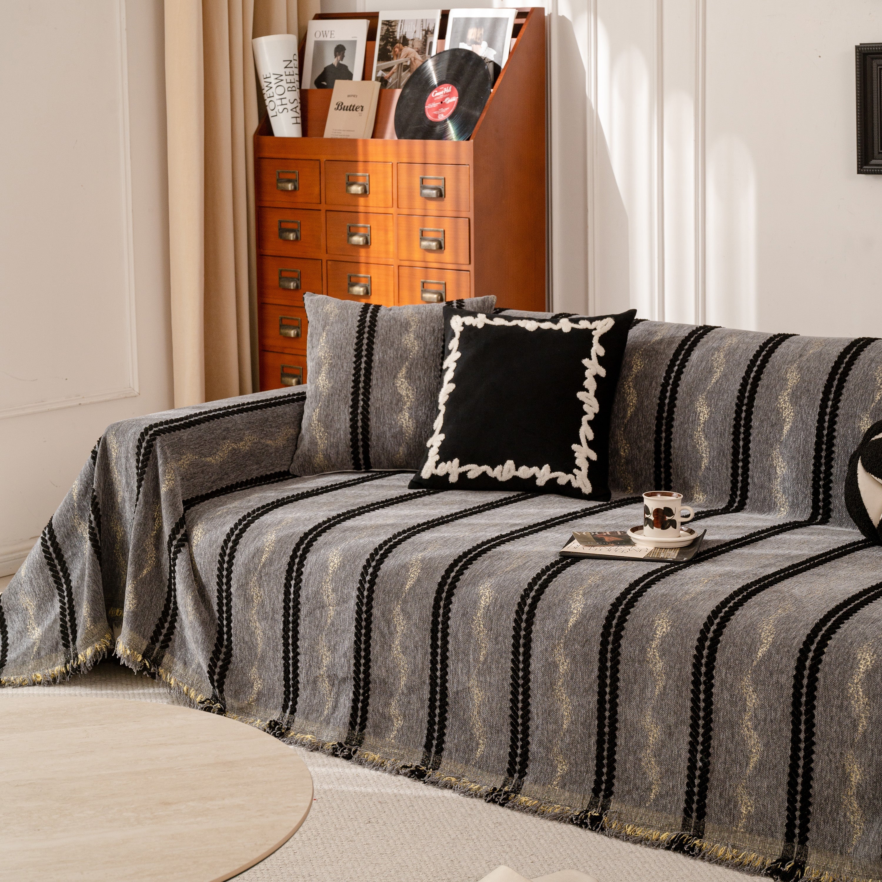 Boho Couch Throw Blanket With Textured Stripes, Sofa Cover For Living Room Decor