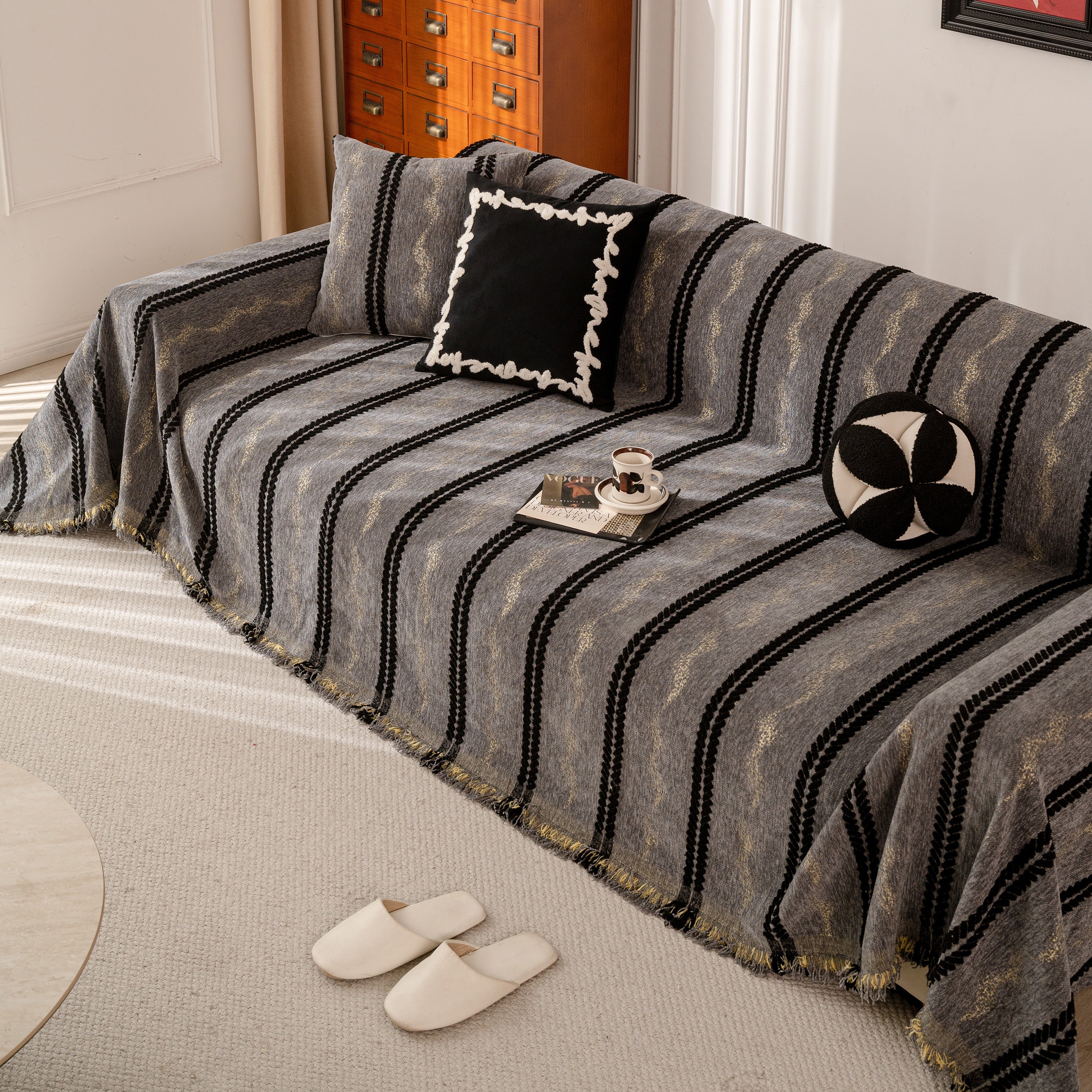 Boho Couch Throw Blanket With Textured Stripes, Sofa Cover For Living Room Decor