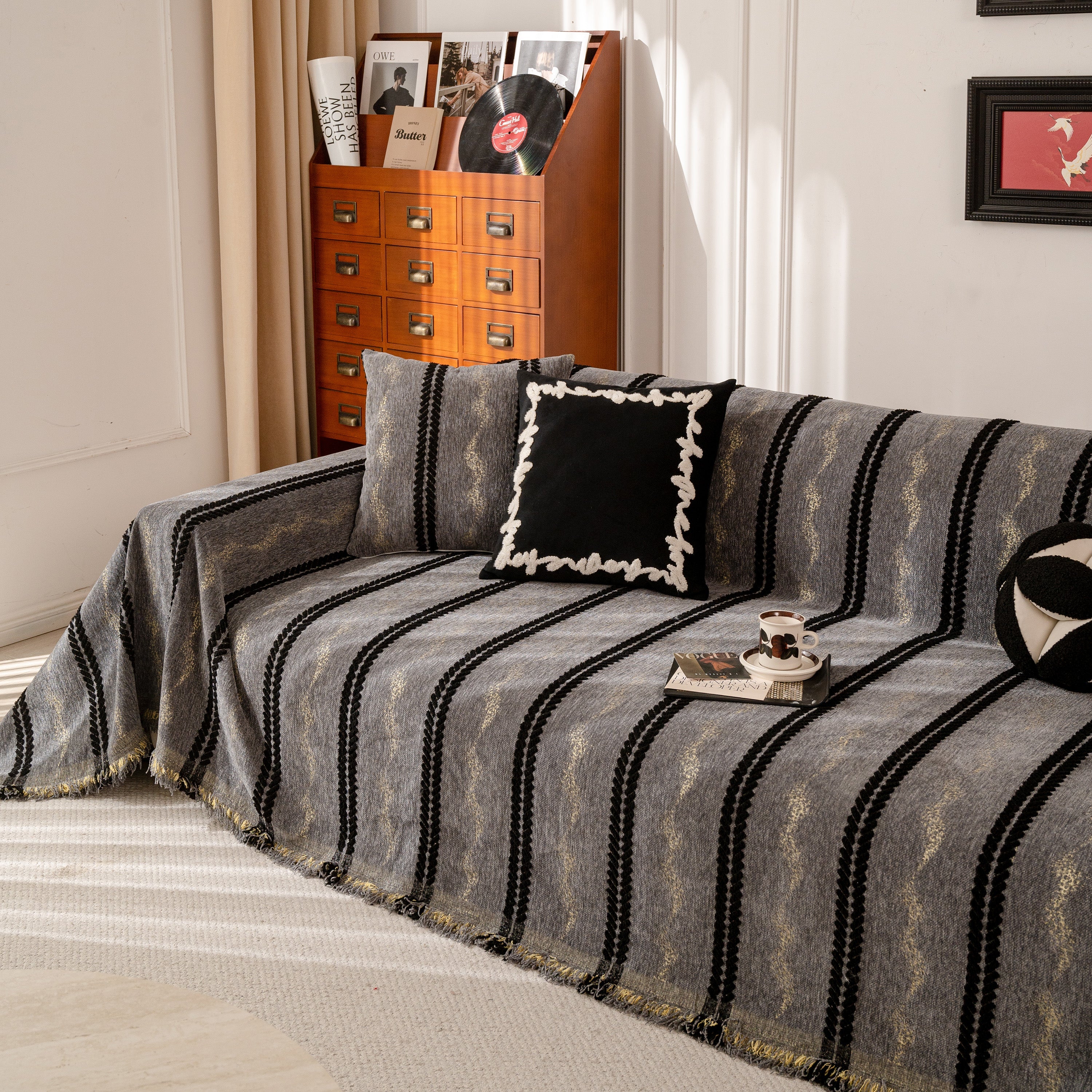 Boho Couch Throw Blanket With Textured Stripes, Sofa Cover For Living Room Decor