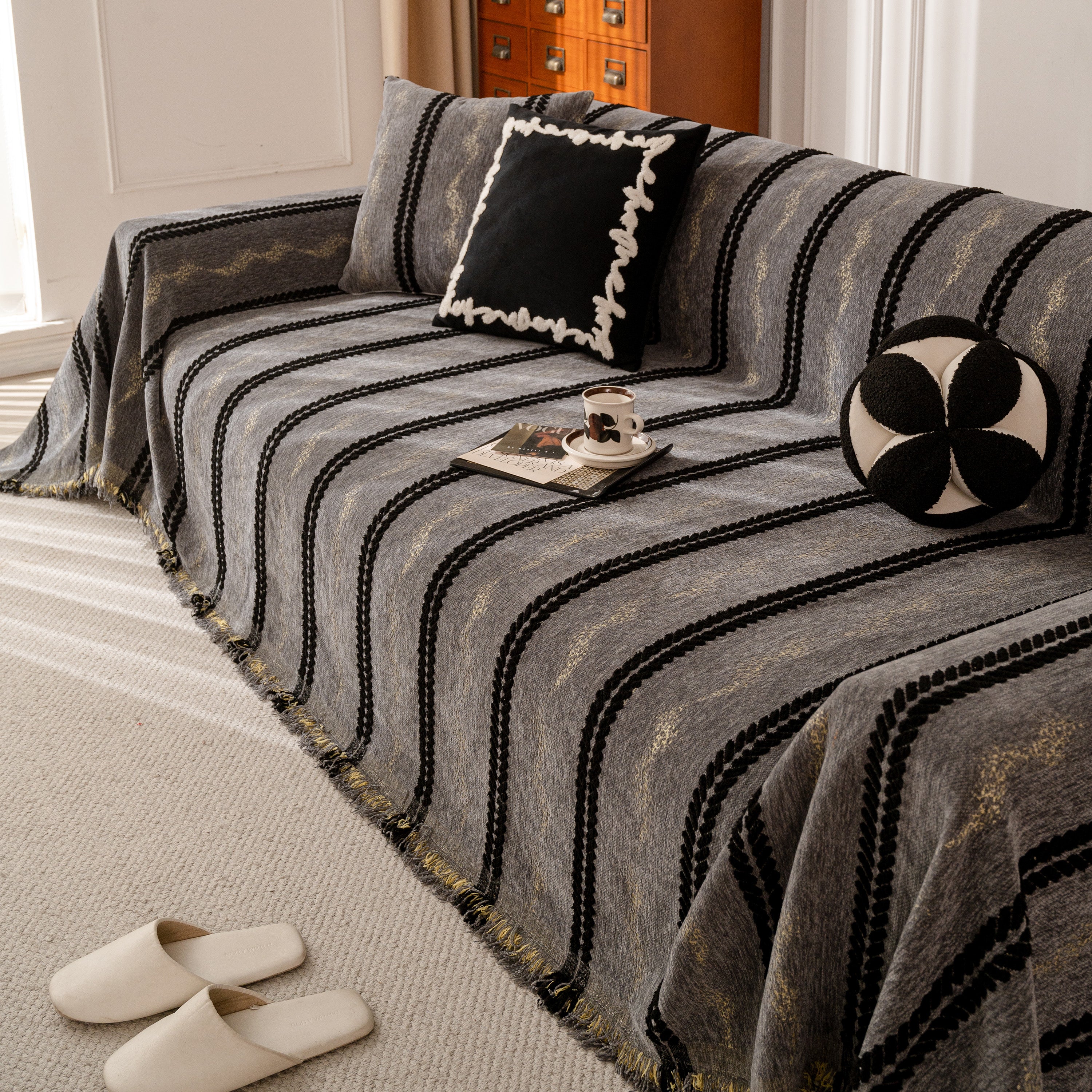 Boho Couch Throw Blanket With Textured Stripes, Sofa Cover For Living Room Decor