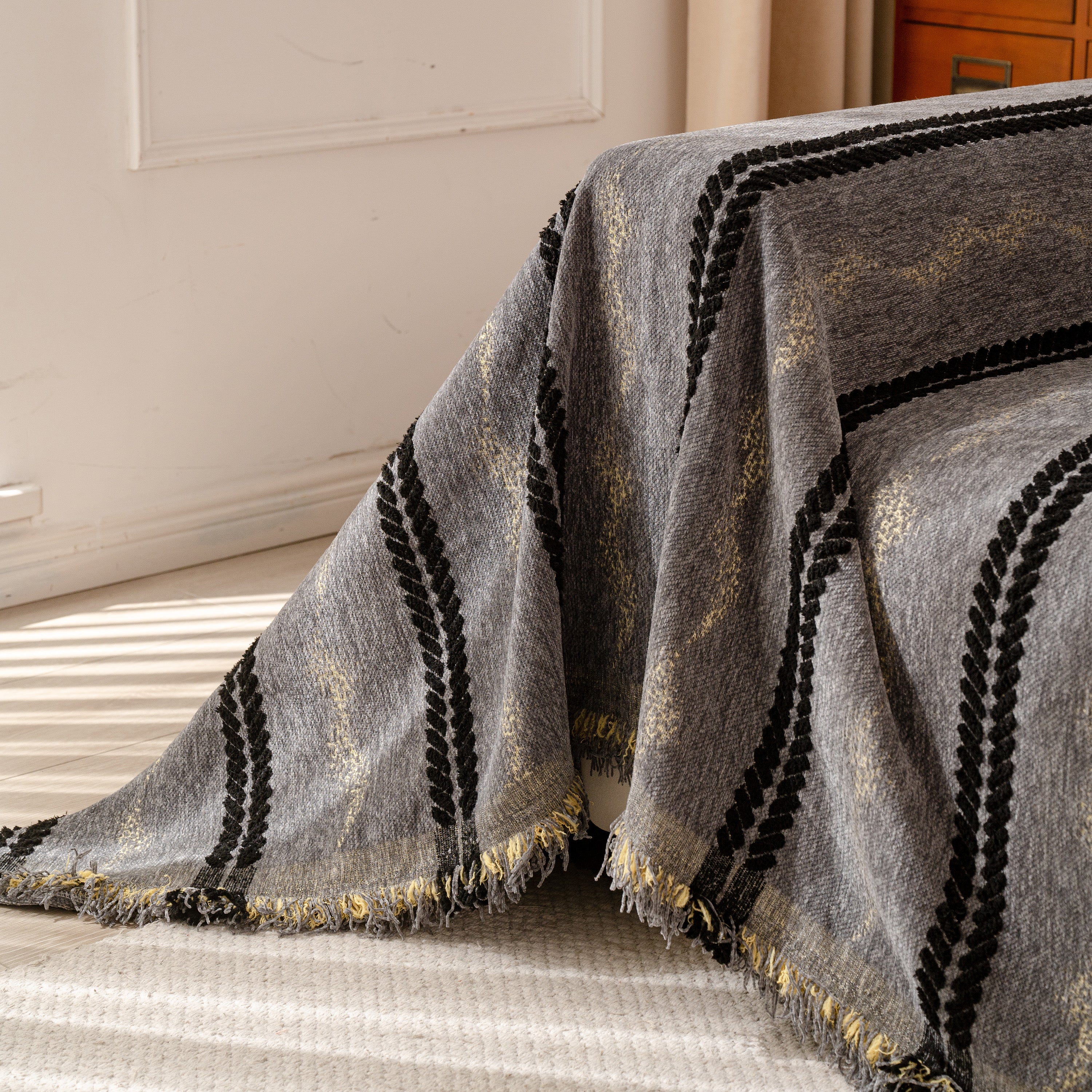 Boho Couch Throw Blanket With Textured Stripes, Sofa Cover For Living Room Decor