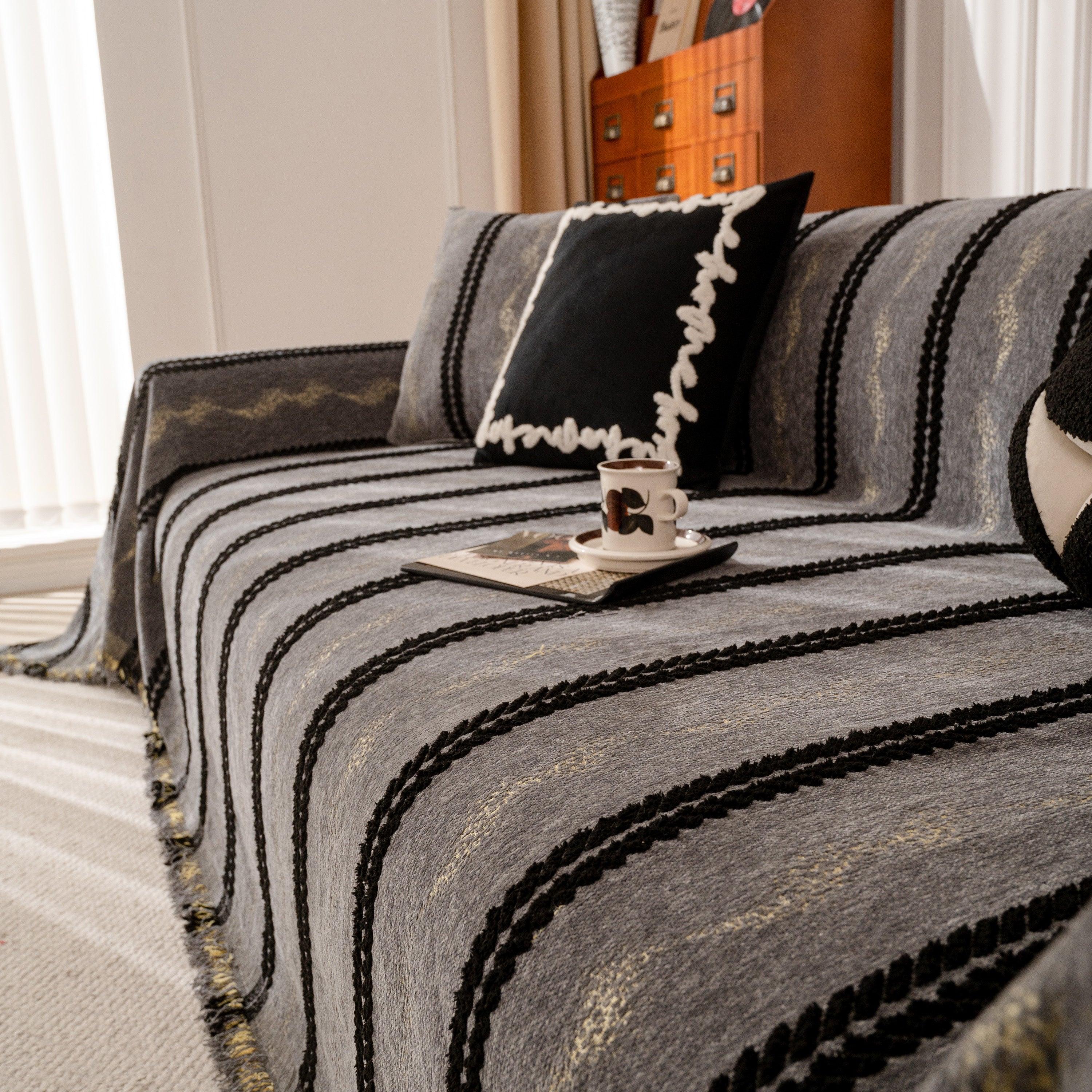 Boho Couch Throw Blanket With Textured Stripes, Sofa Cover For Living Room Decor