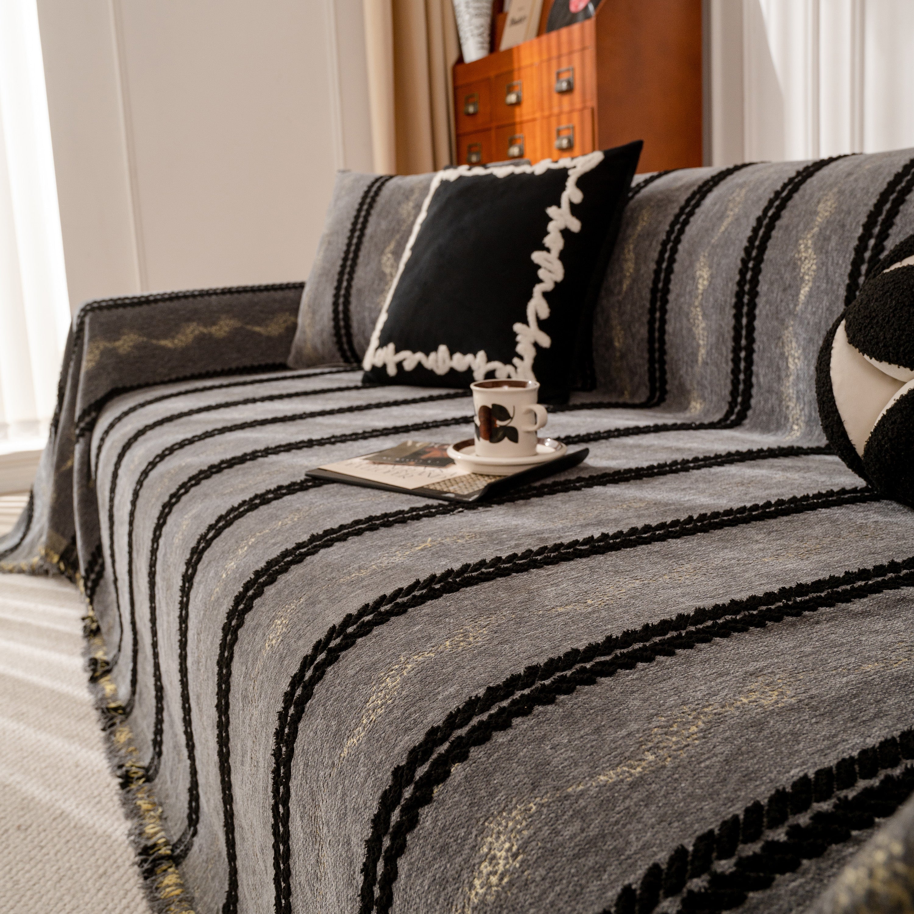 Boho Couch Throw Blanket With Textured Stripes, Sofa Cover For Living Room Decor
