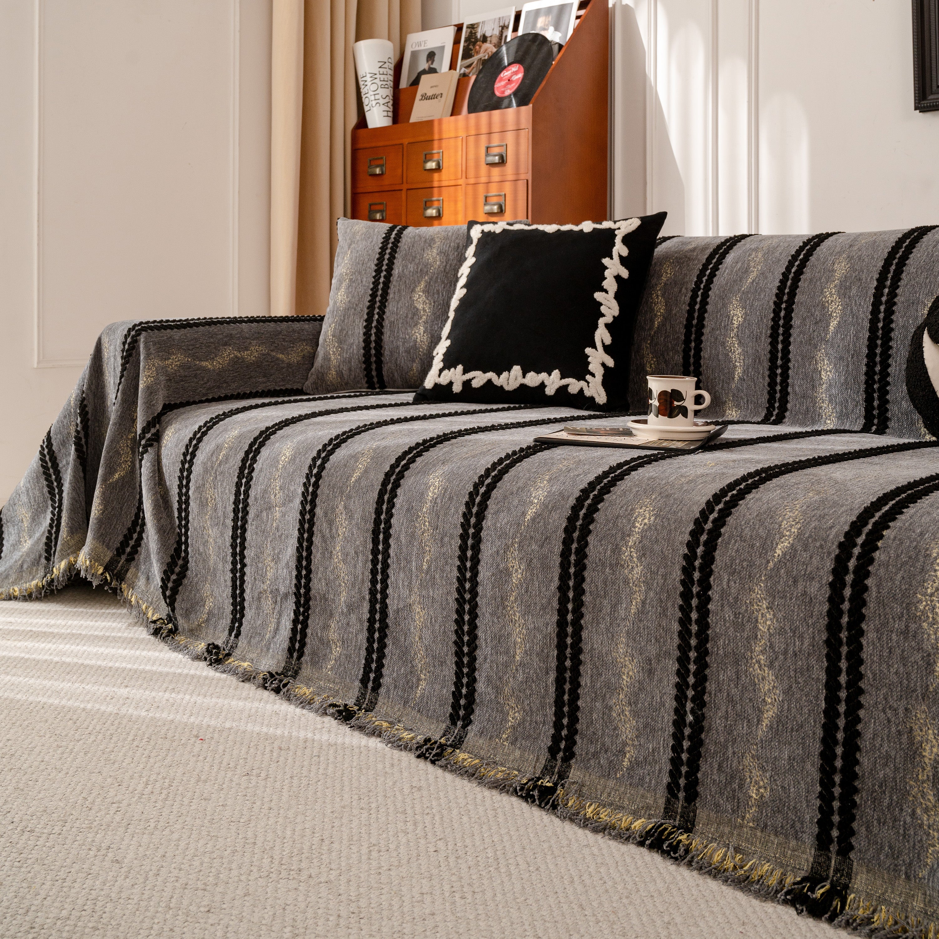 Boho Couch Throw Blanket With Textured Stripes, Sofa Cover For Living Room Decor
