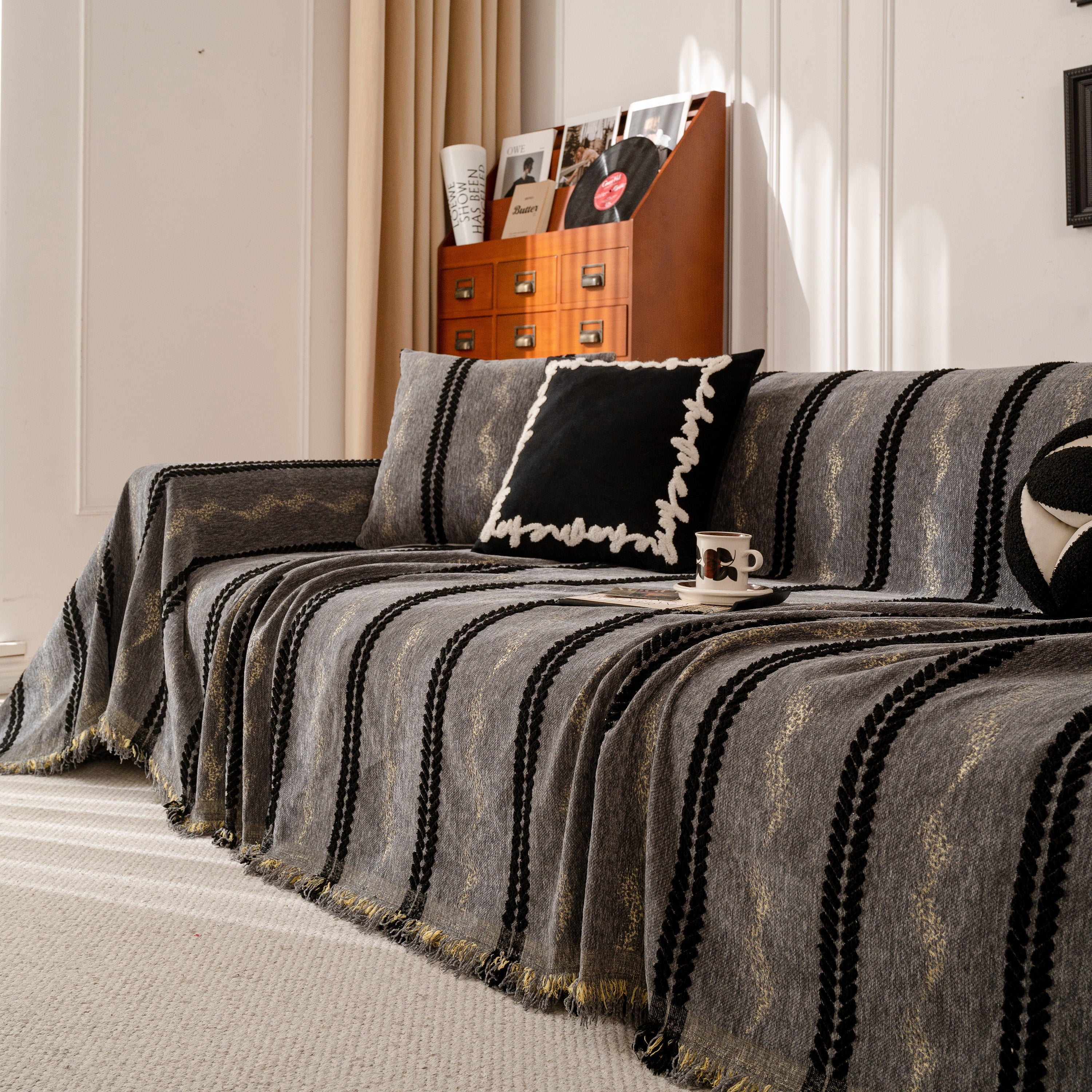 Boho Couch Throw Blanket With Textured Stripes, Sofa Cover For Living Room Decor