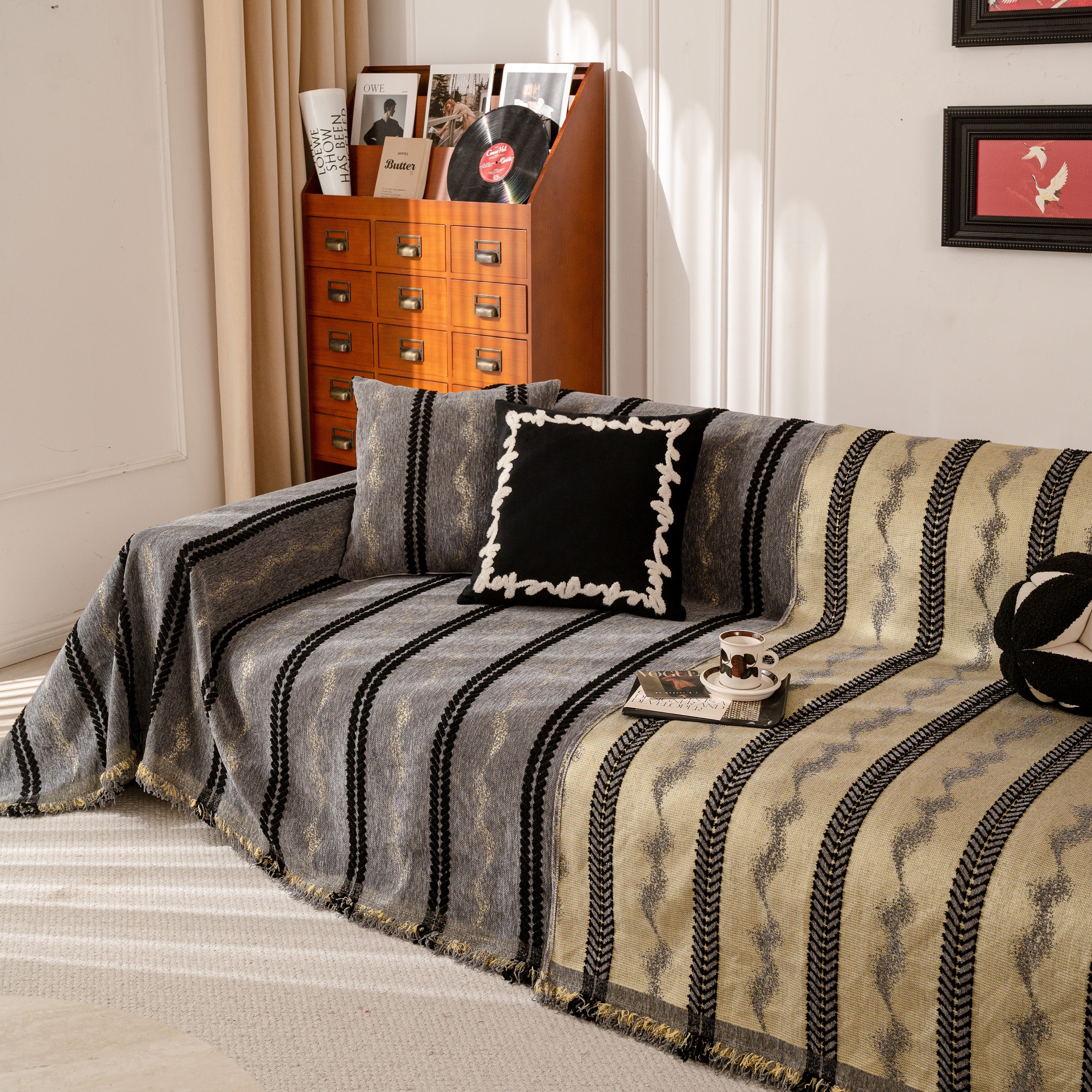 Boho Couch Throw Blanket With Textured Stripes, Sofa Cover For Living Room Decor