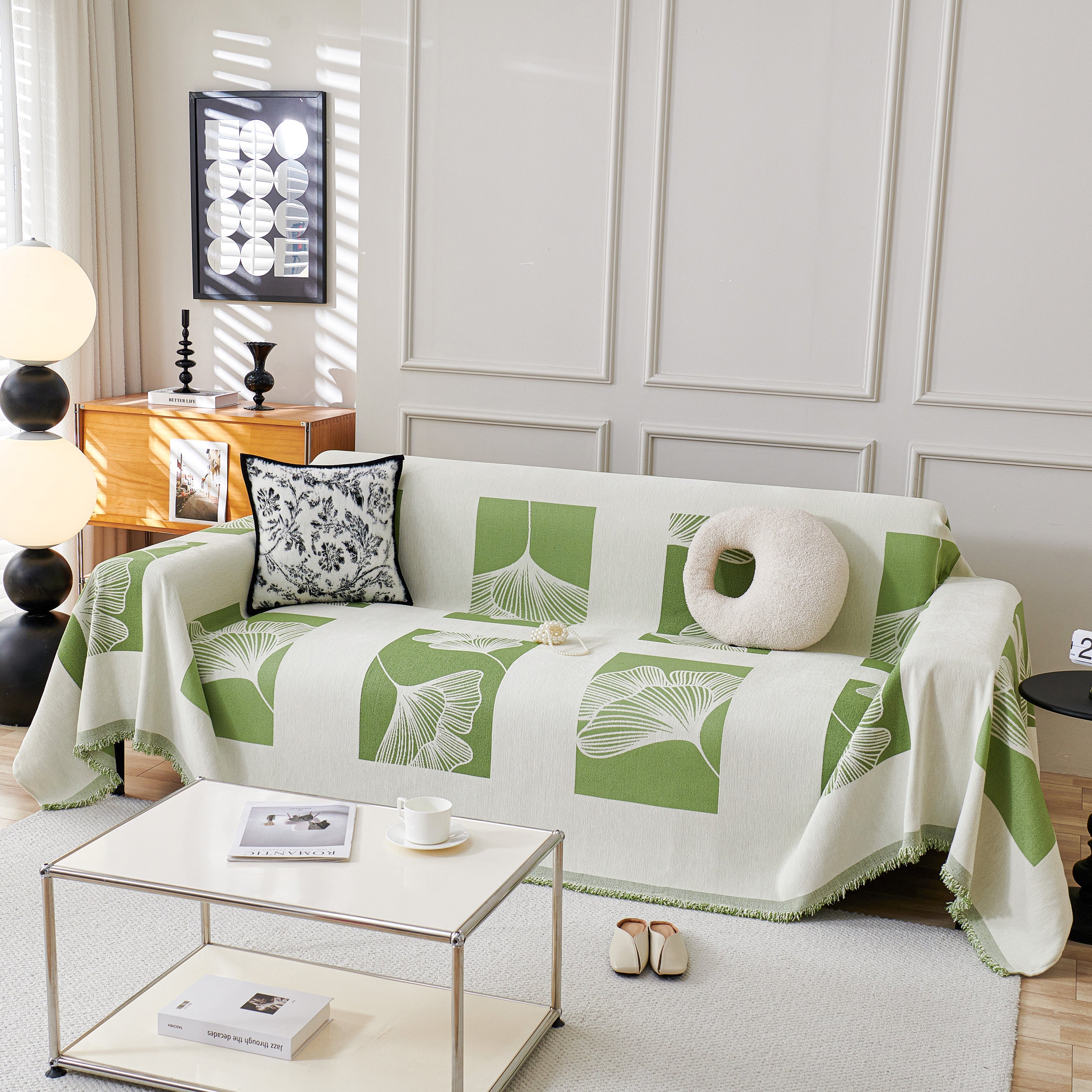 Reversible Ginkgo Leaf Furniture Slipcovers For Sofas Scratch Resistant Sectional Sofa Throw Covers