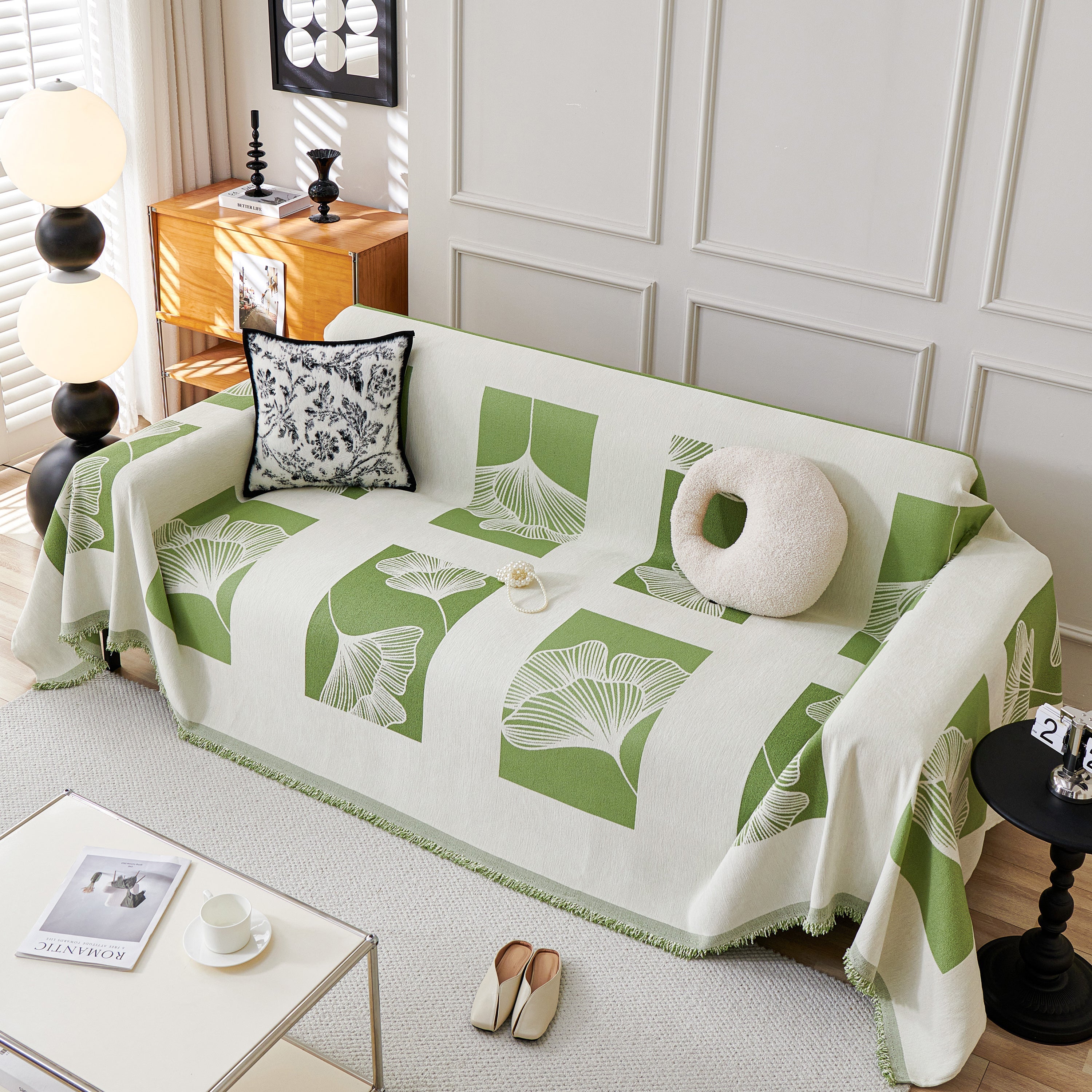 Reversible Ginkgo Leaf Furniture Slipcovers For Sofas Scratch Resistant Sectional Sofa Throw Covers