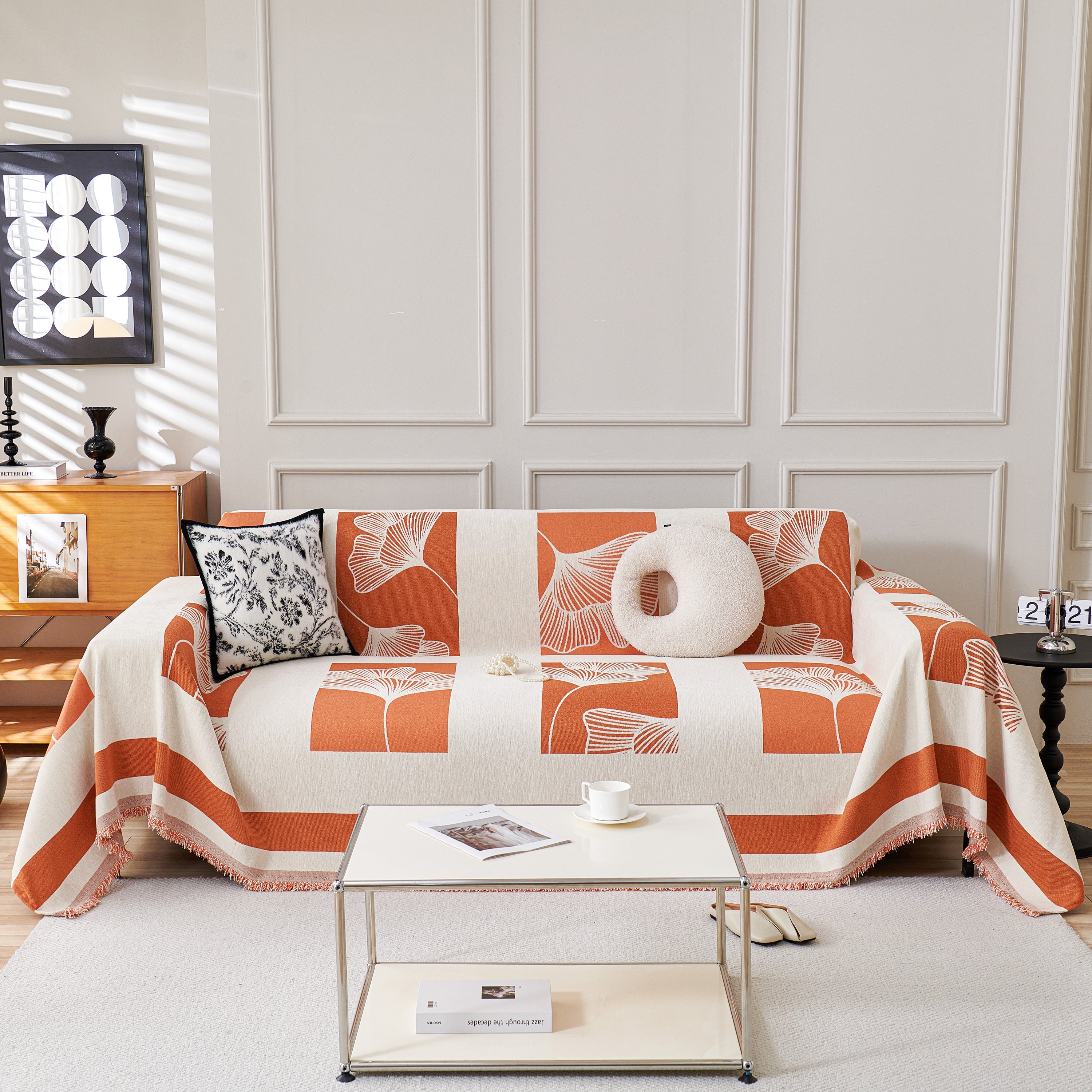 Reversible Ginkgo Leaf Furniture Slipcovers For Sofas Scratch Resistant Sectional Sofa Throw Covers