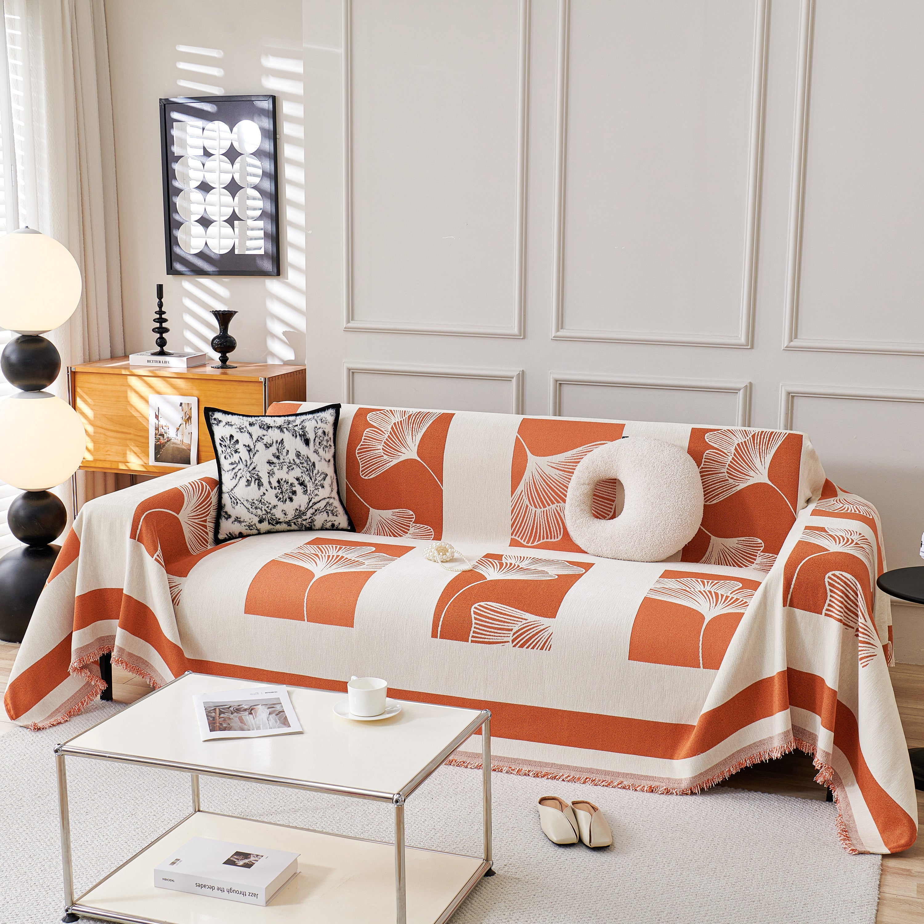 Reversible Ginkgo Leaf Furniture Slipcovers For Sofas Scratch Resistant Sectional Sofa Throw Covers