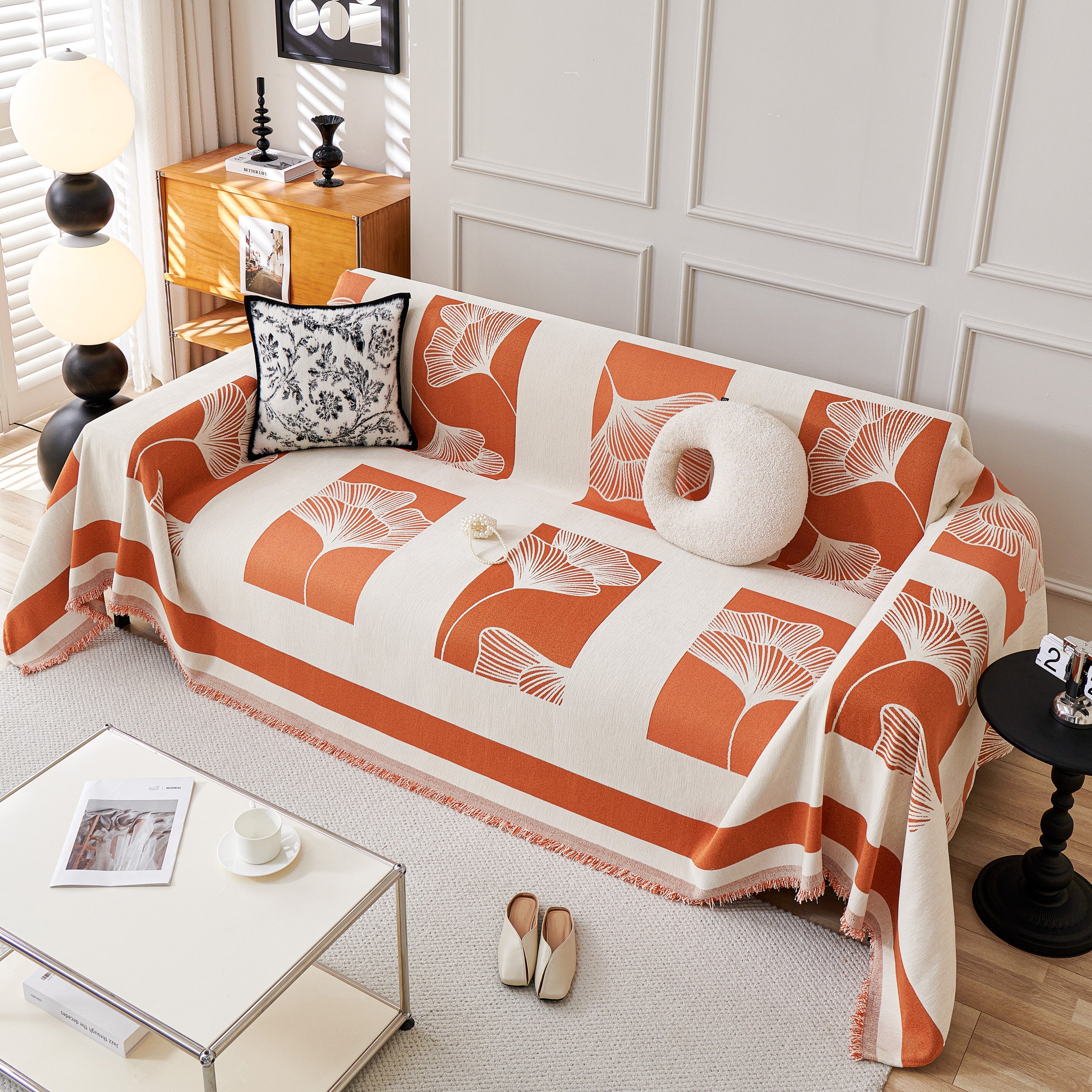 Reversible Ginkgo Leaf Furniture Slipcovers For Sofas Scratch Resistant Sectional Sofa Throw Covers