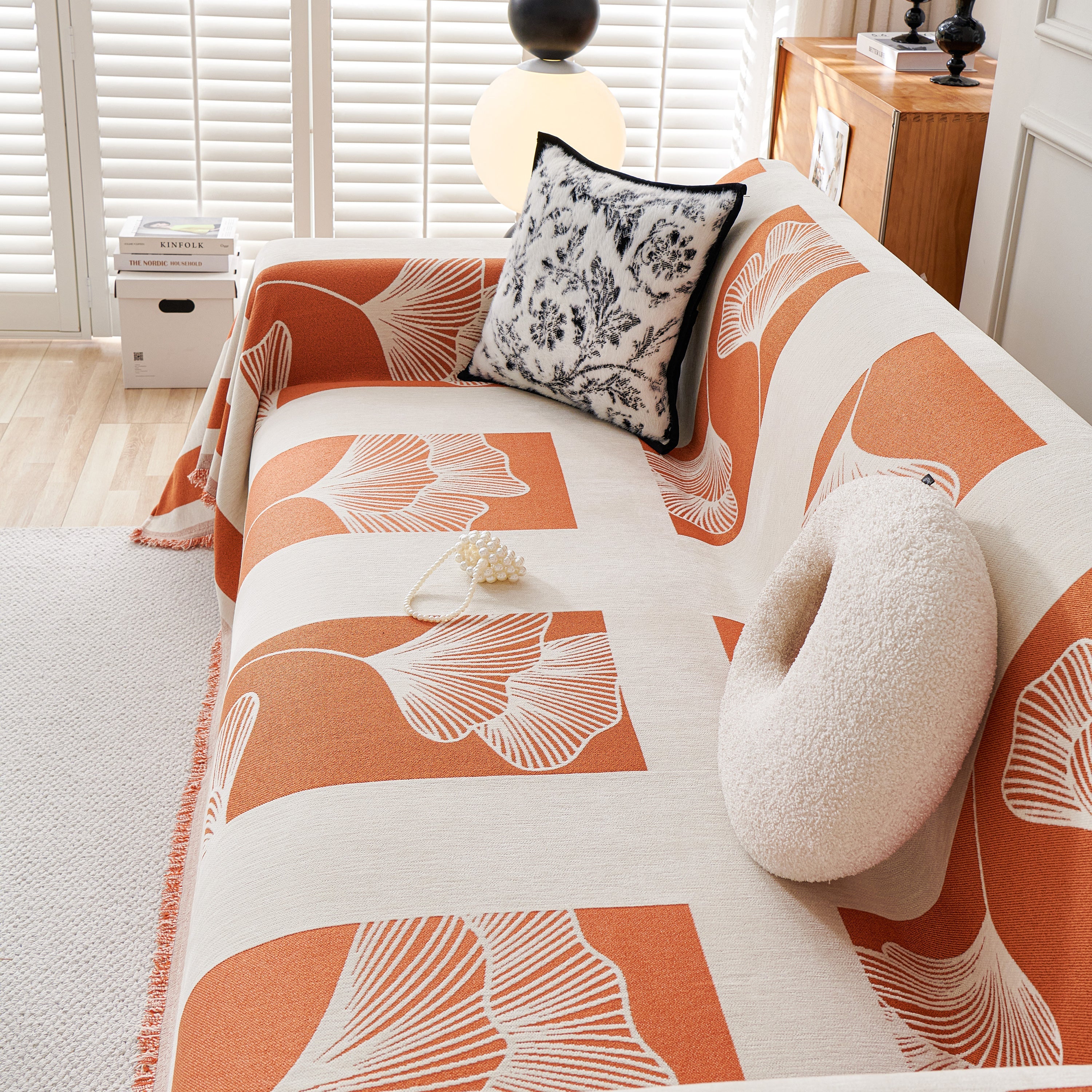 Reversible Ginkgo Leaf Furniture Slipcovers For Sofas Scratch Resistant Sectional Sofa Throw Covers