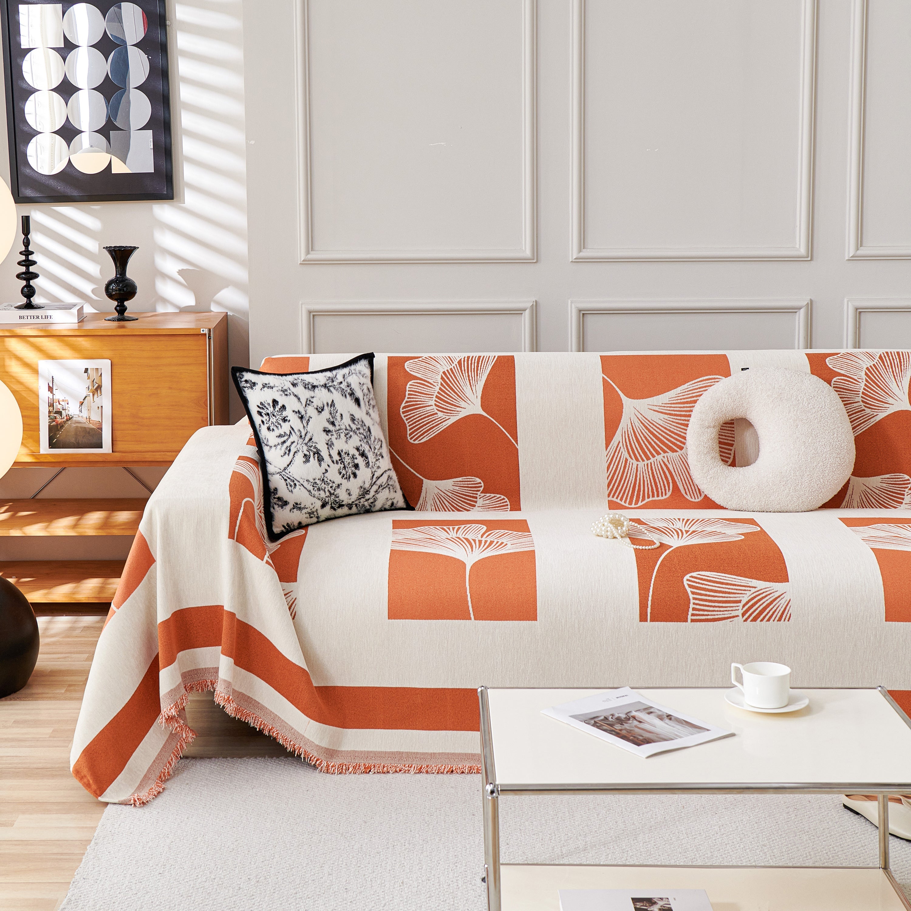 Reversible Ginkgo Leaf Furniture Slipcovers For Sofas Scratch Resistant Sectional Sofa Throw Covers