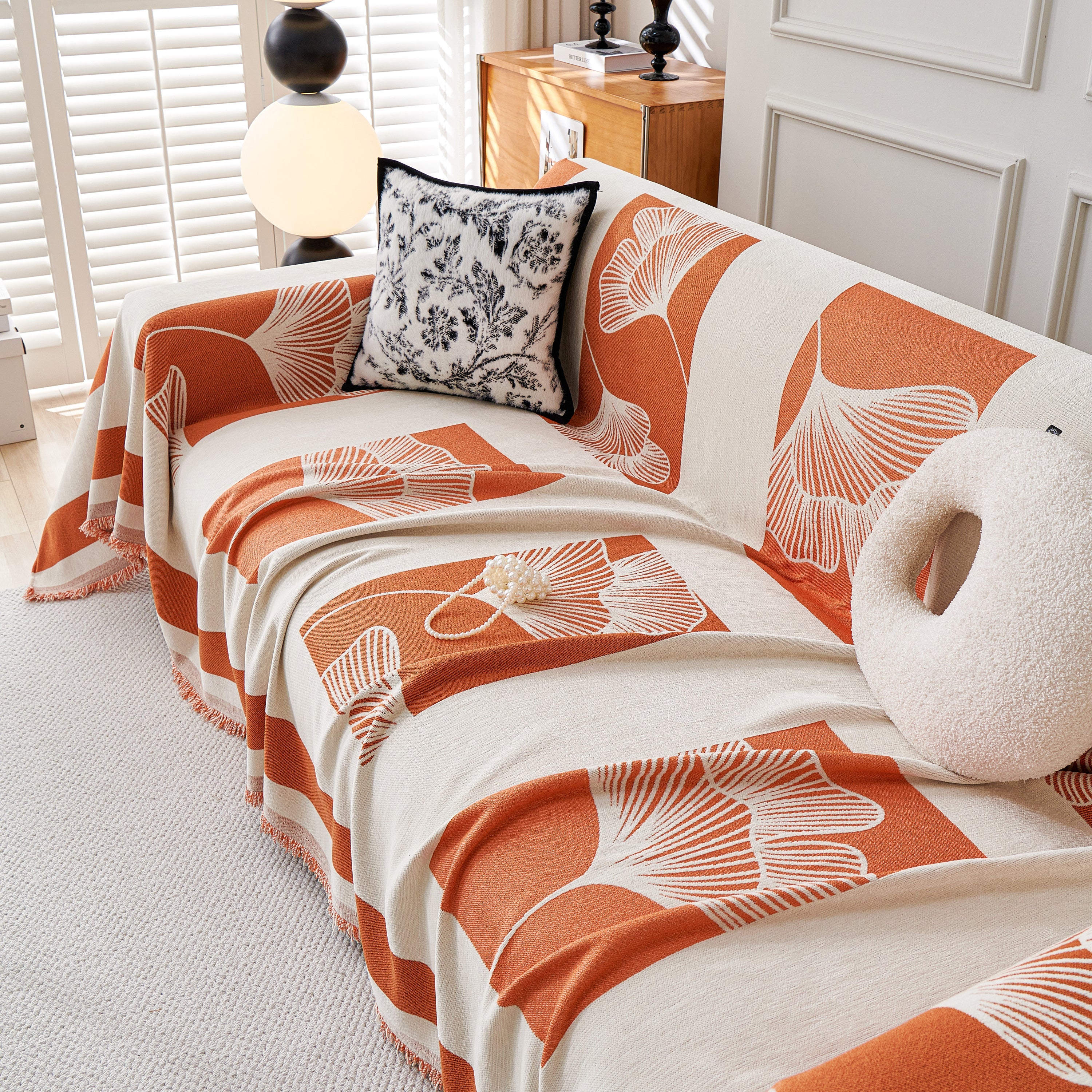 Reversible Ginkgo Leaf Furniture Slipcovers For Sofas Scratch Resistant Sectional Sofa Throw Covers