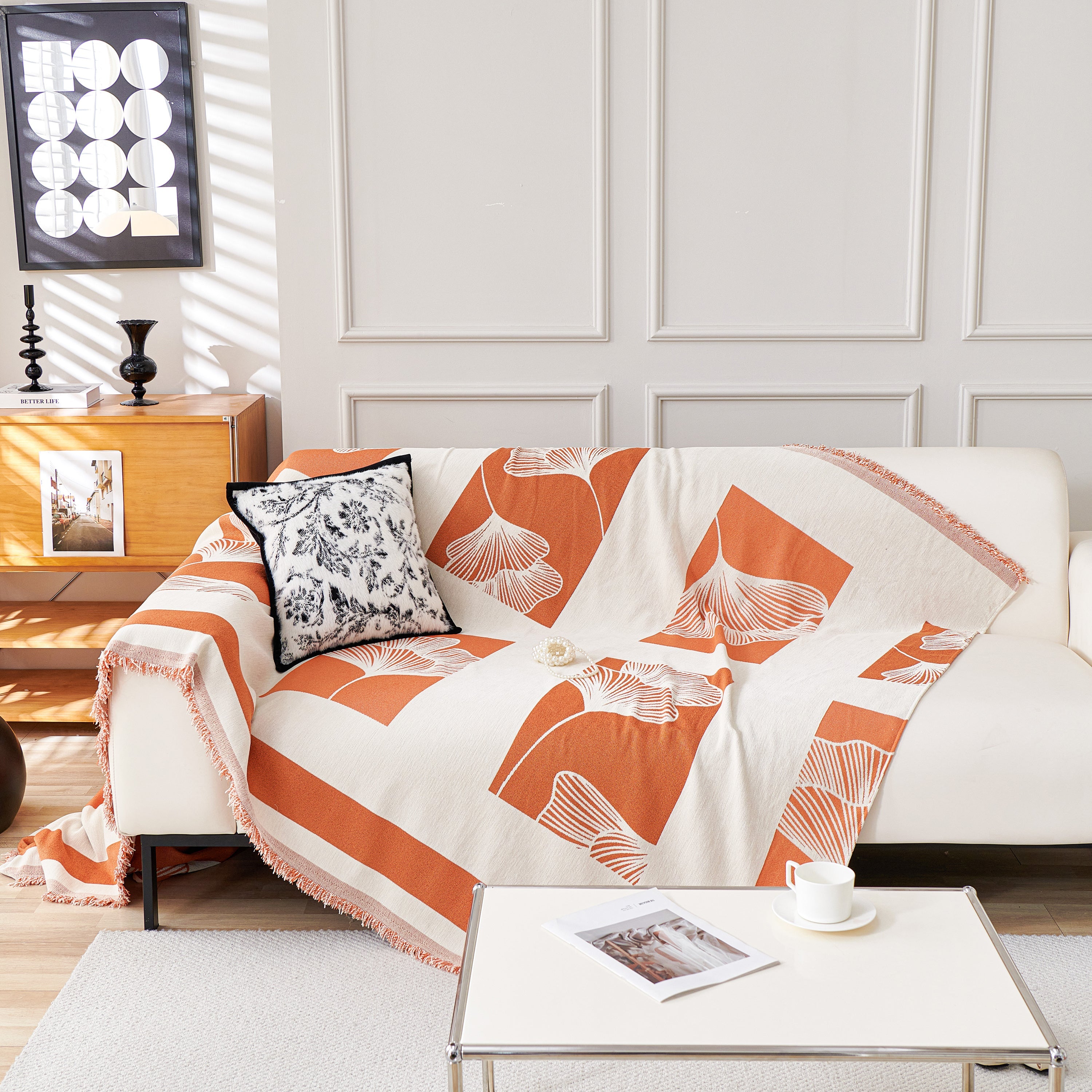 Reversible Ginkgo Leaf Furniture Slipcovers For Sofas Scratch Resistant Sectional Sofa Throw Covers