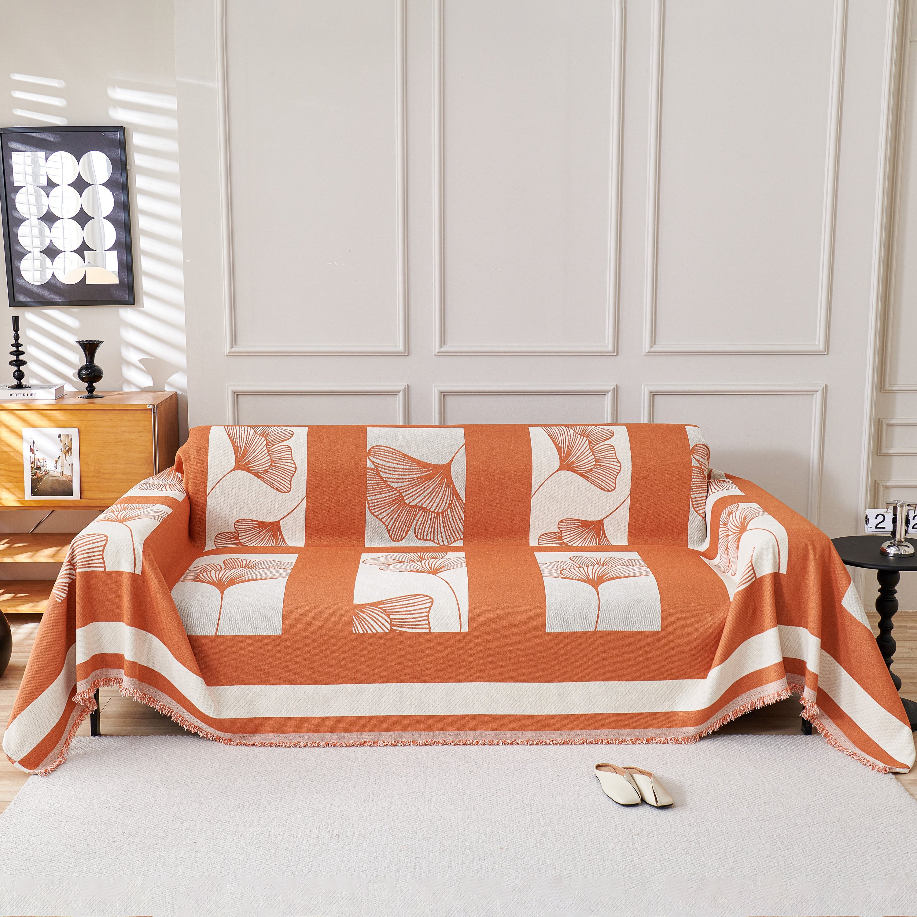 Reversible Ginkgo Leaf Furniture Slipcovers For Sofas Scratch Resistant Sectional Sofa Throw Covers